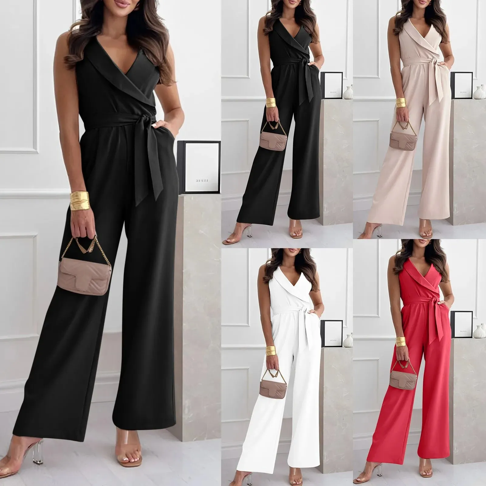 Elegant Office Lady Jumpsuit Tie-Up Sleeveless V-Neck Women's Jumpsuits Streetwear Loose Wide Leg Romper Ladies Overall 2025 New