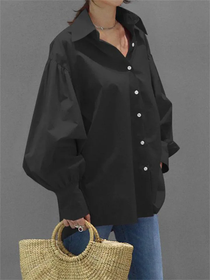 Elegant Solid Lapel Collar Puff Sleeve Female Office Blouses