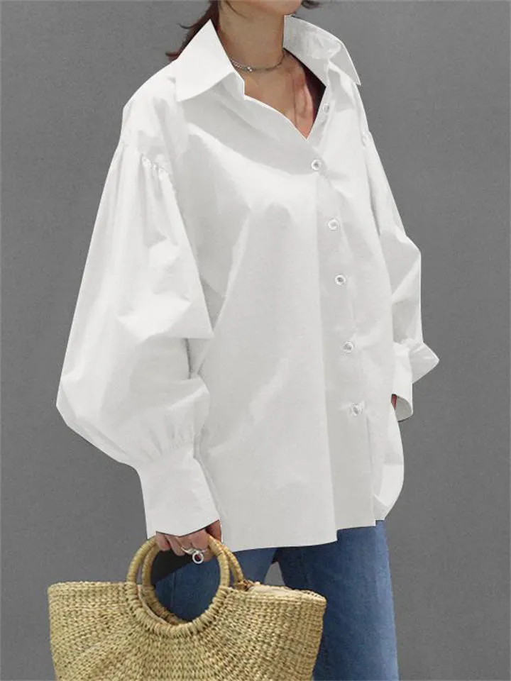 Elegant Solid Lapel Collar Puff Sleeve Female Office Blouses