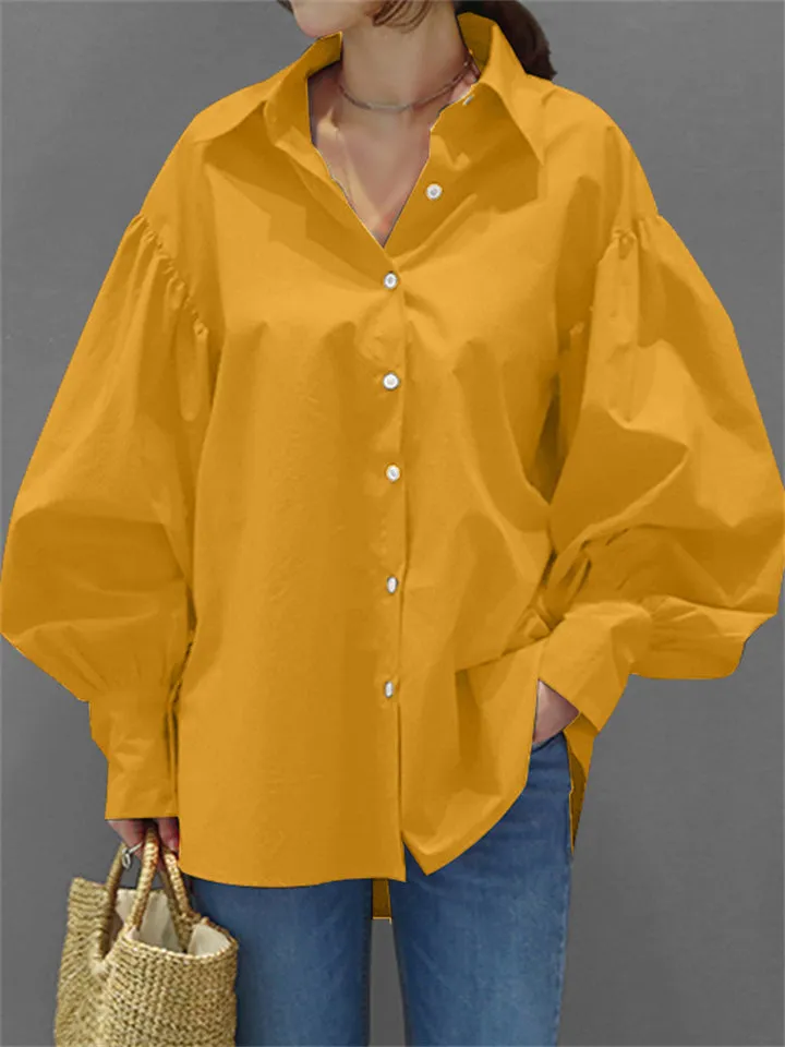 Elegant Solid Lapel Collar Puff Sleeve Female Office Blouses