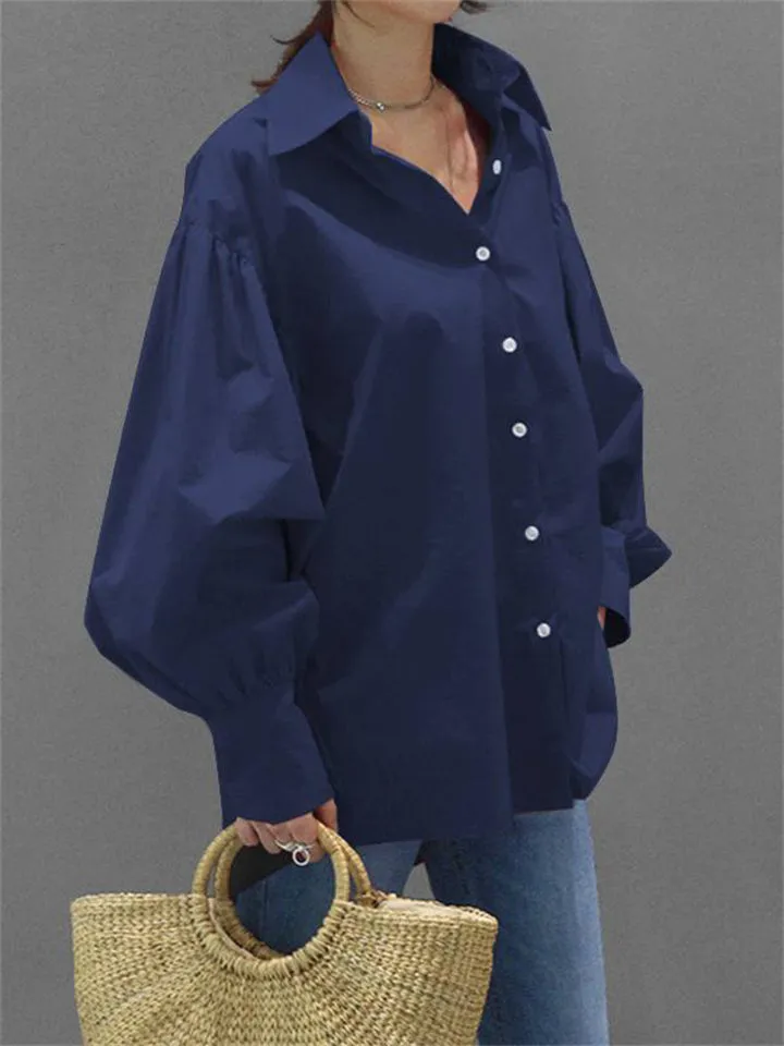 Elegant Solid Lapel Collar Puff Sleeve Female Office Blouses