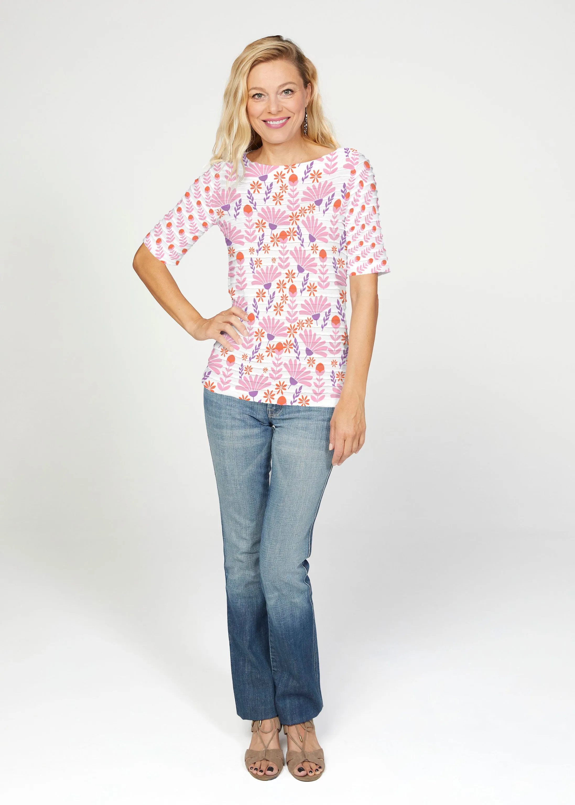Fanfare (8042) ~ Banded Elbow Sleeve Boat Neck Top