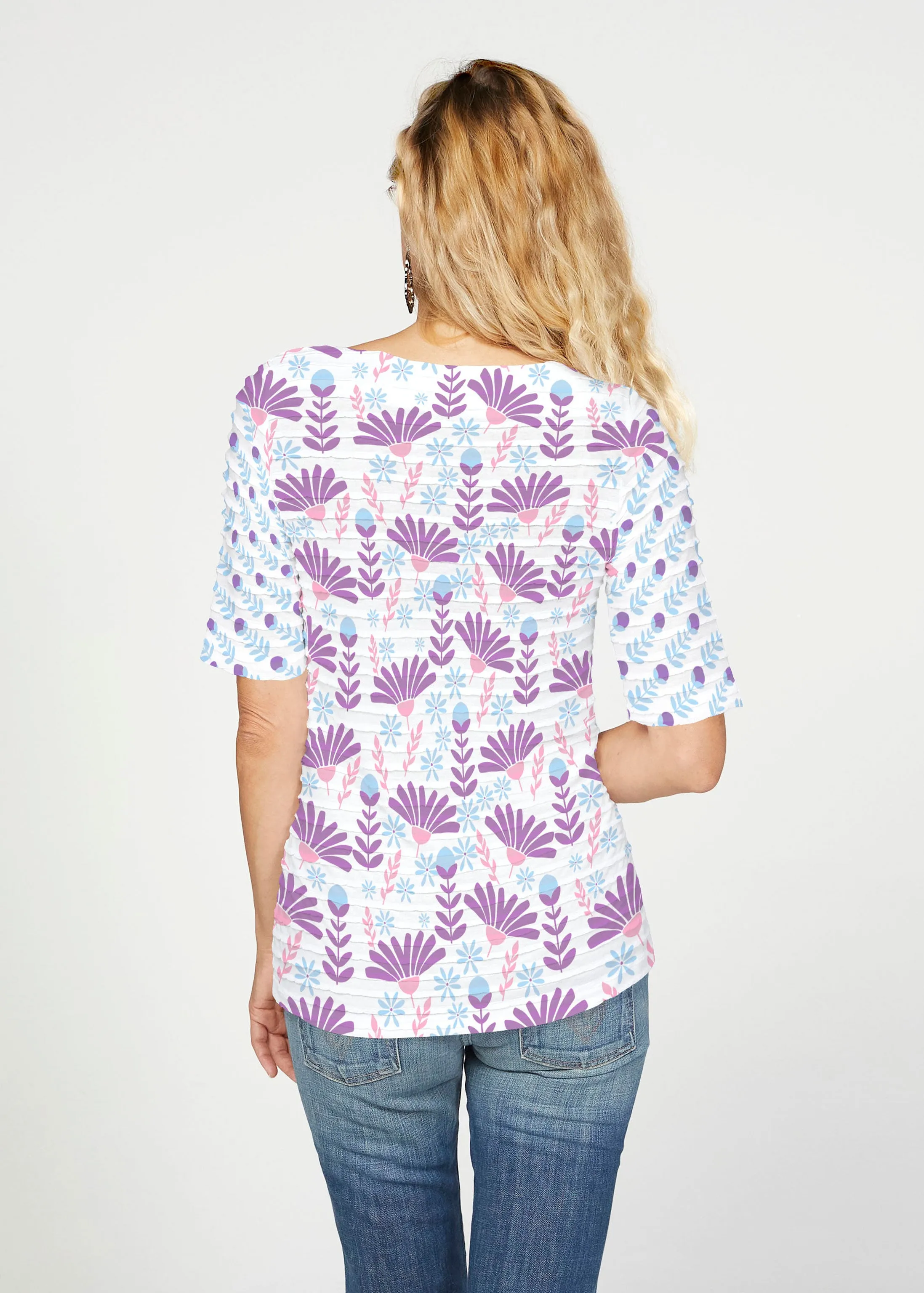 Fanfare (8042) ~ Banded Elbow Sleeve Boat Neck Top