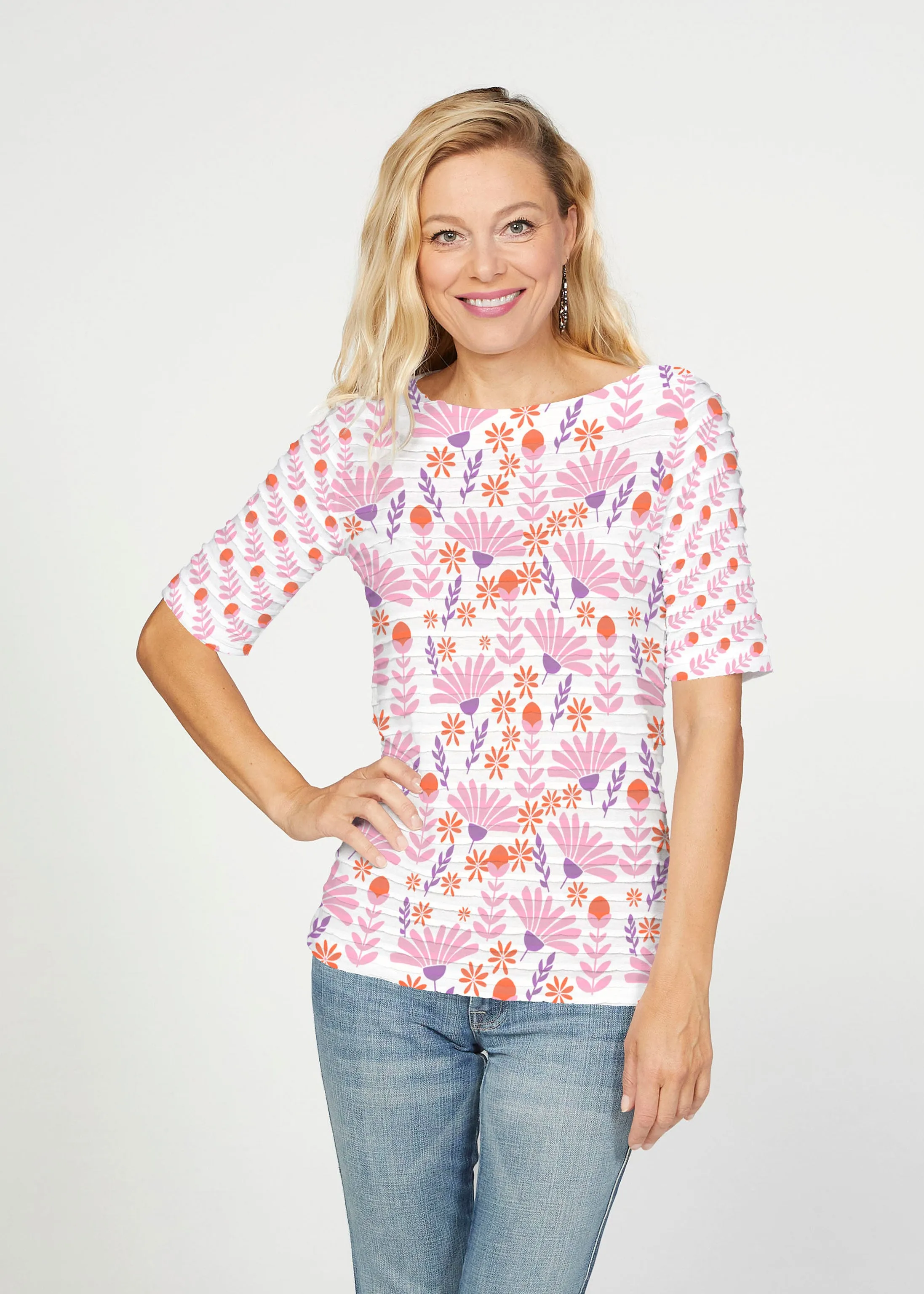 Fanfare (8042) ~ Banded Elbow Sleeve Boat Neck Top