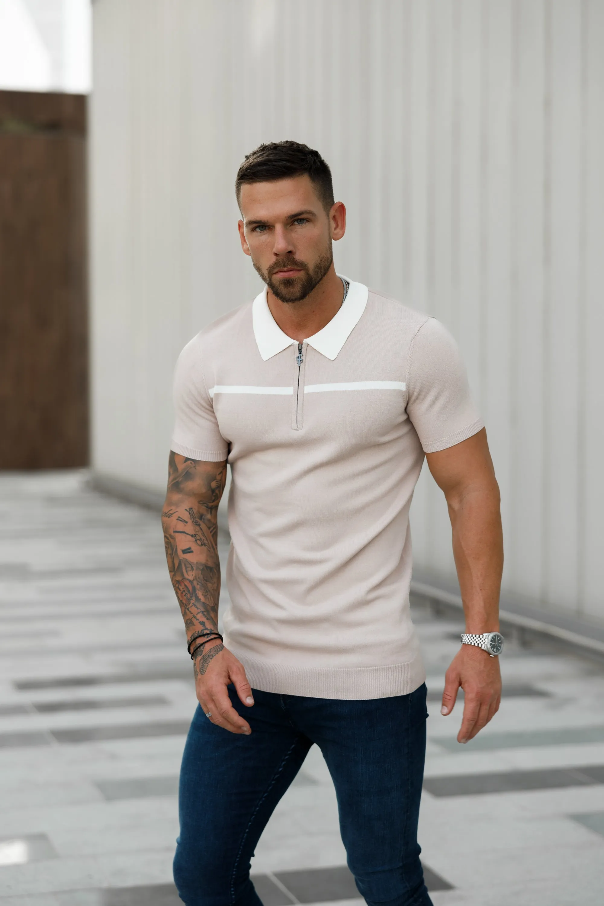 Father Sons Classic Beige / White Horizontal Stripe Zipped Polo Short Sleeve - FSN041