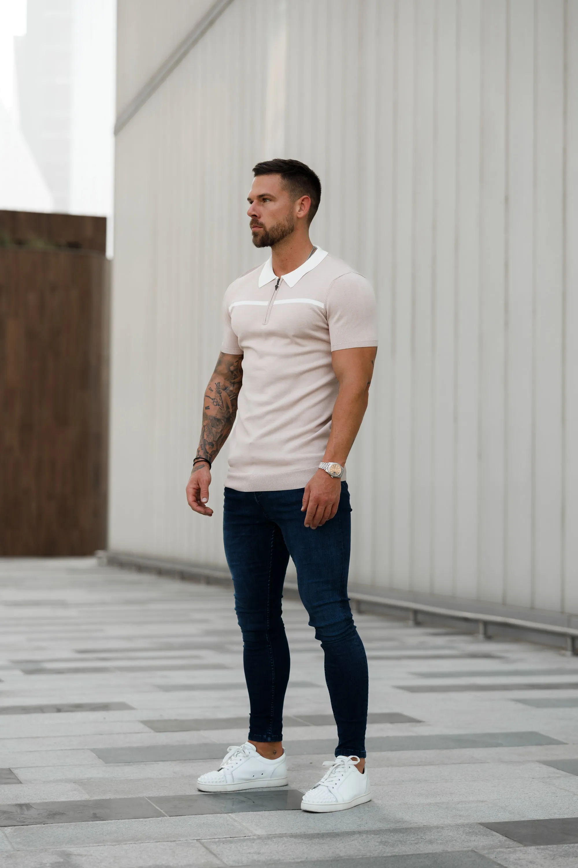 Father Sons Classic Beige / White Horizontal Stripe Zipped Polo Short Sleeve - FSN041