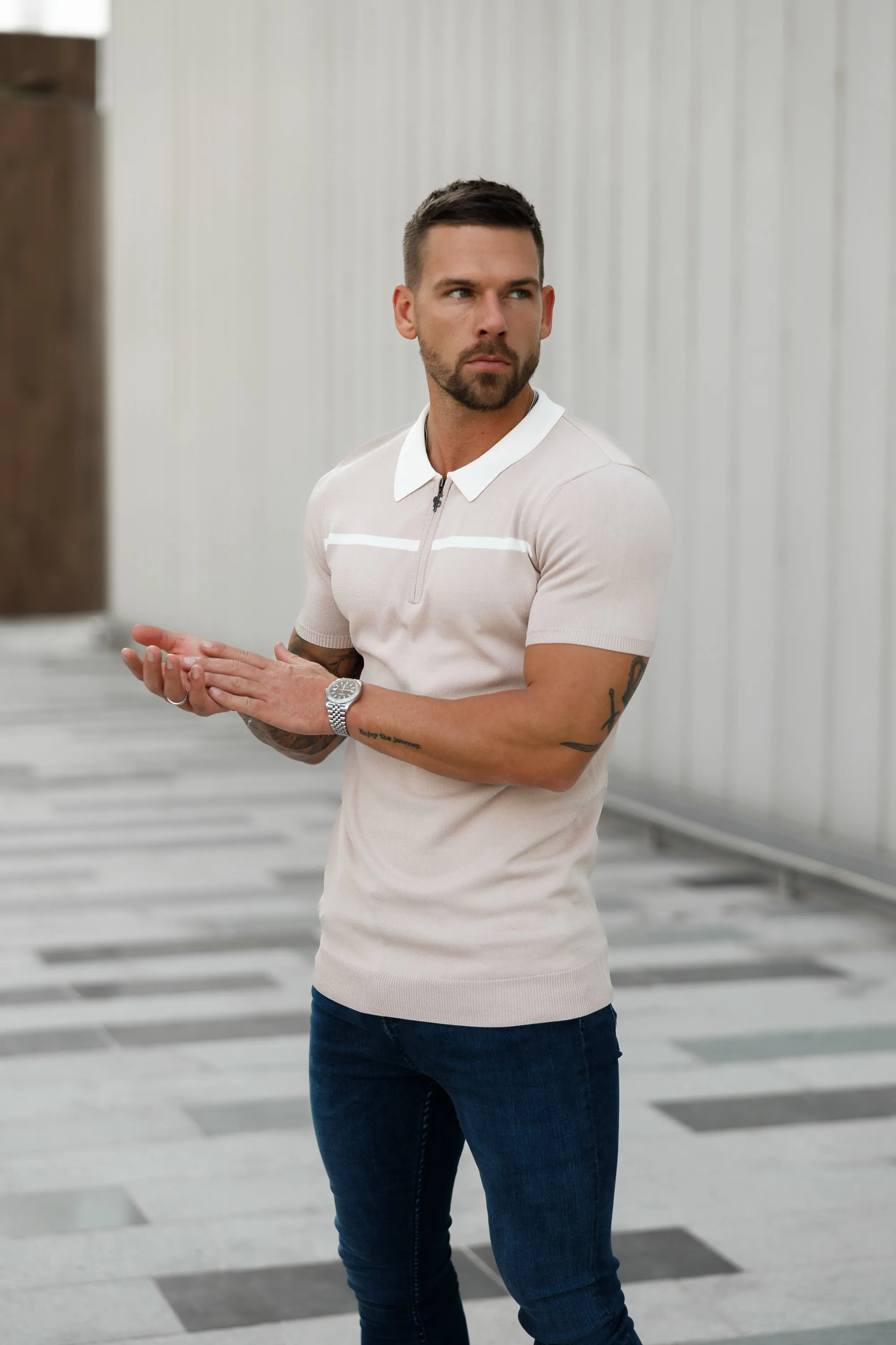 Father Sons Classic Beige / White Horizontal Stripe Zipped Polo Short Sleeve - FSN041