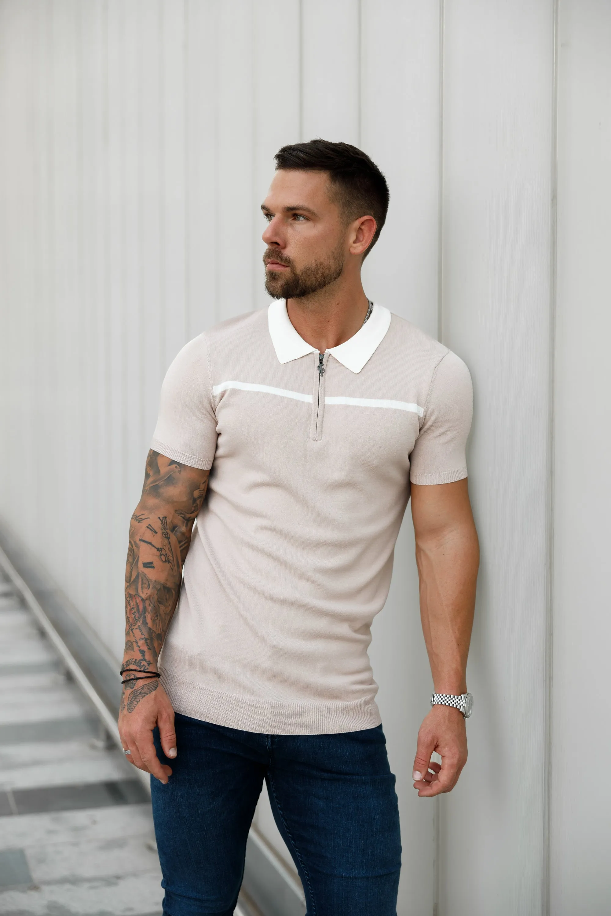 Father Sons Classic Beige / White Horizontal Stripe Zipped Polo Short Sleeve - FSN041