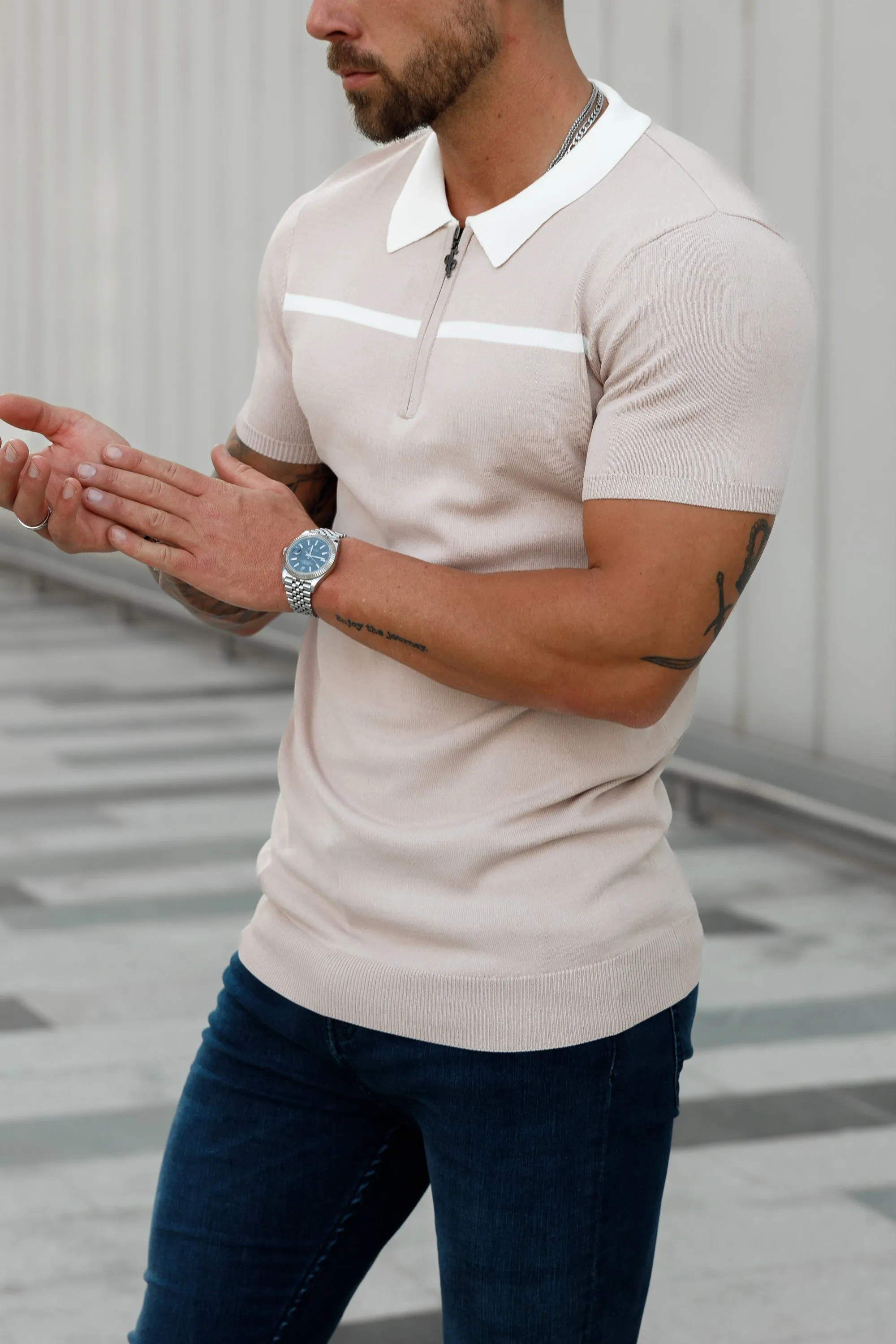 Father Sons Classic Beige / White Horizontal Stripe Zipped Polo Short Sleeve - FSN041