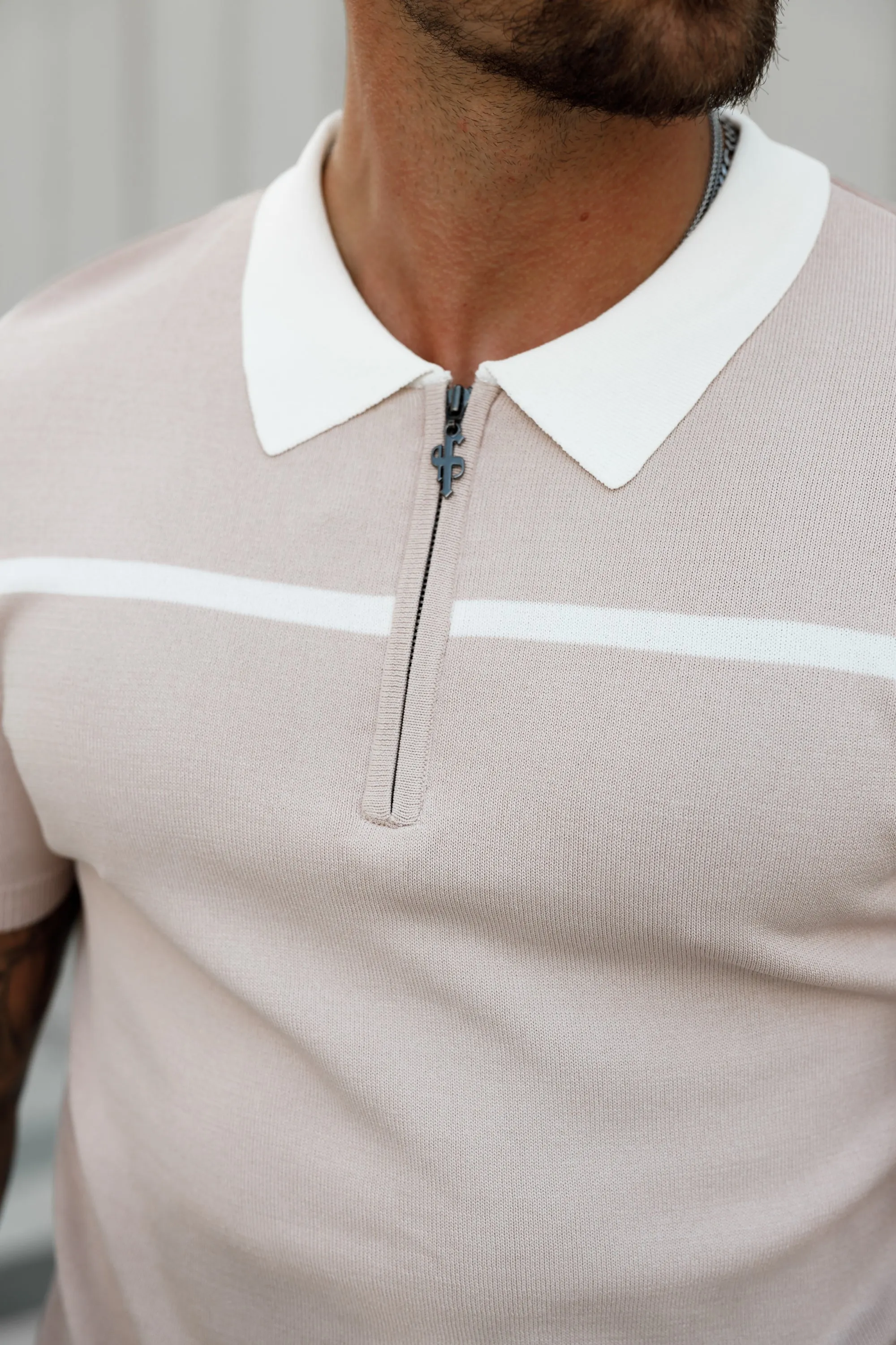 Father Sons Classic Beige / White Horizontal Stripe Zipped Polo Short Sleeve - FSN041