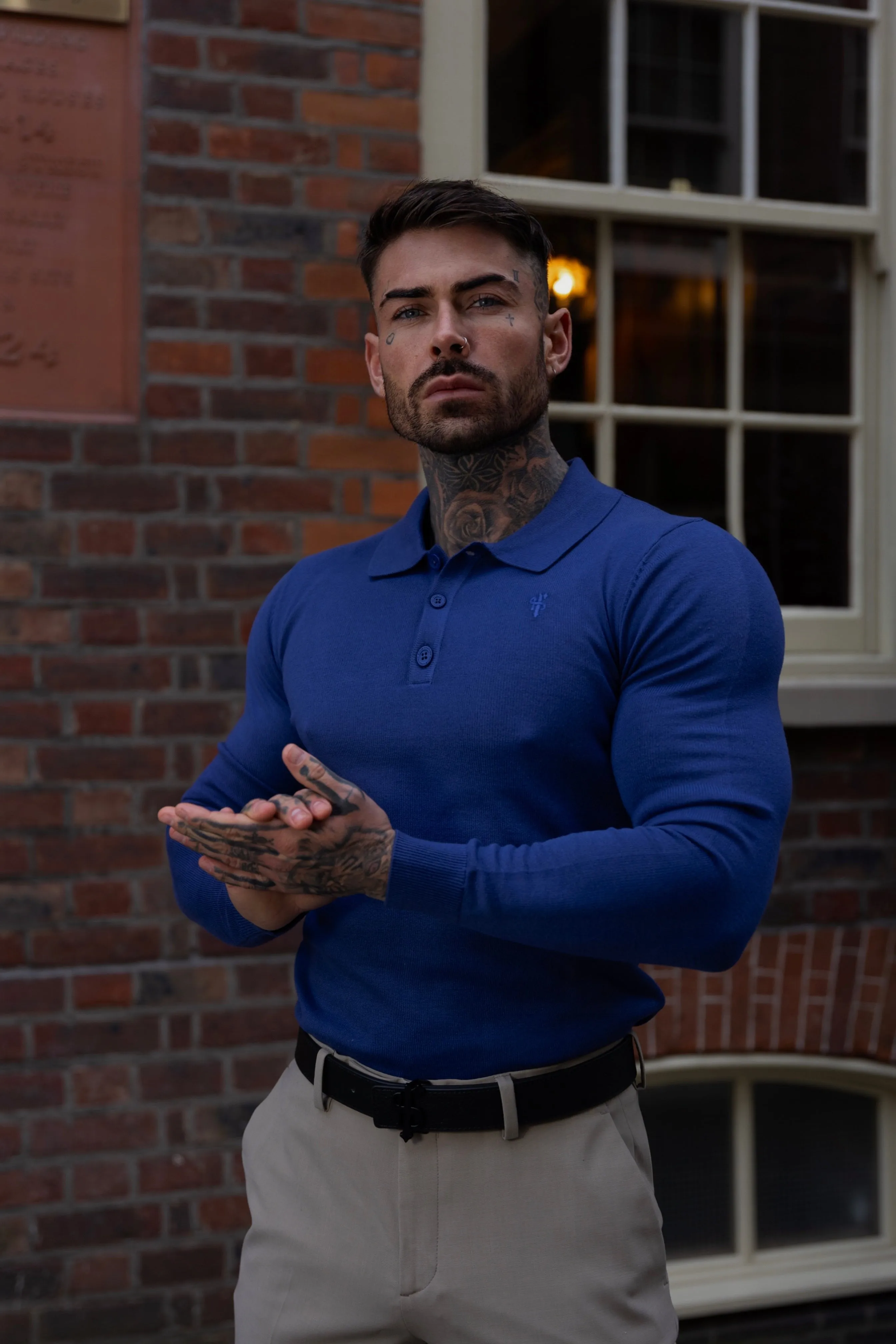 Father Sons Classic Ocean Blue Knitted Polo Jumper Long Sleeve With Tonal FS Embroidery- FSN140