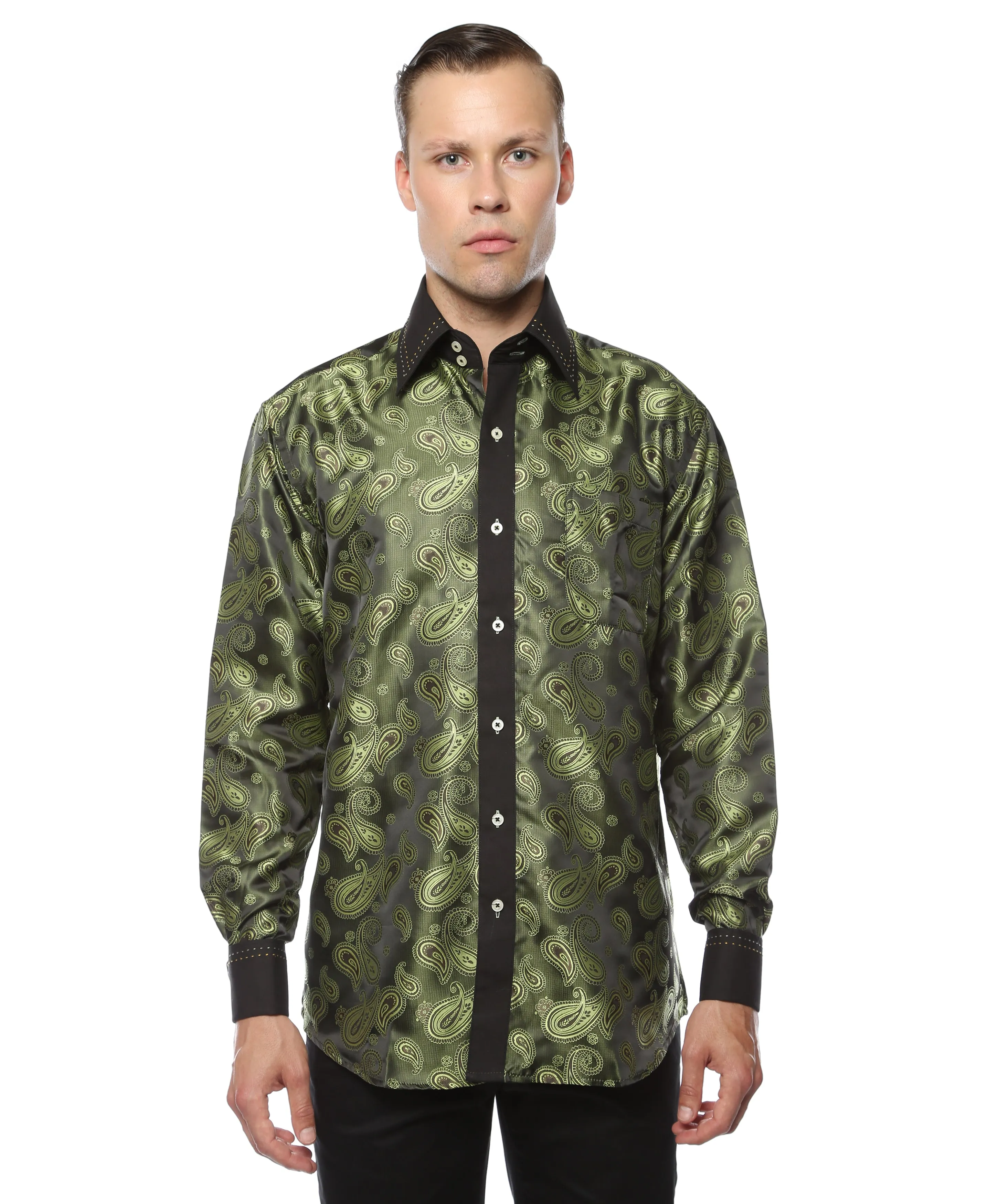 Ferrecci Men's Satine Hi-1010 Green Paisley Button Down Dress Shirt