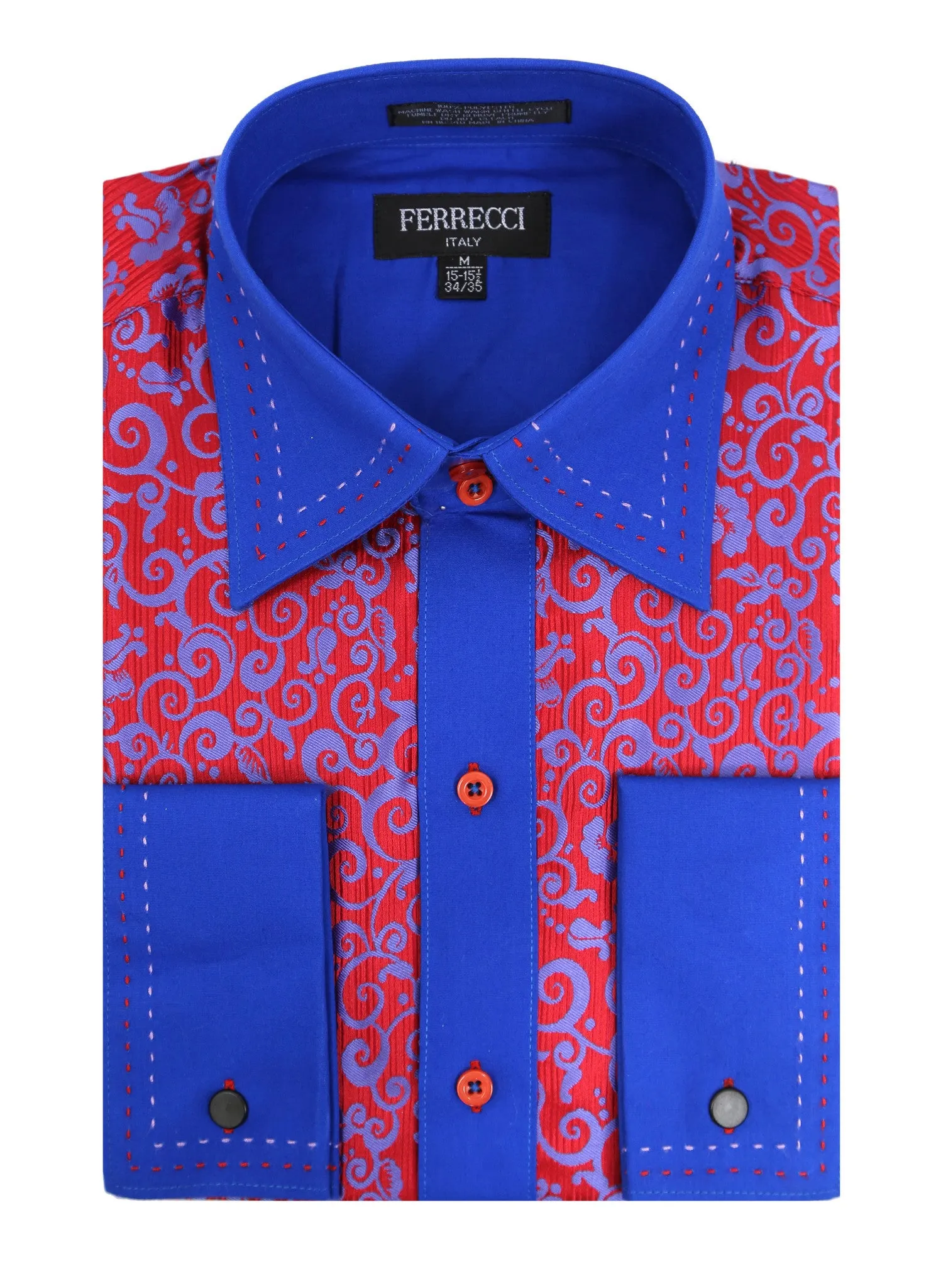 Ferrecci Men's Satine Hi-1017 Red & Blue Scroll Button Down Dress Shirt