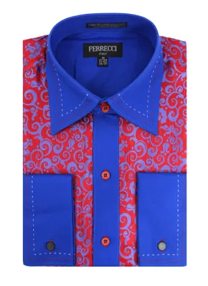 Ferrecci Men's Satine Hi-1017 Red & Blue Scroll Button Down Dress Shirt