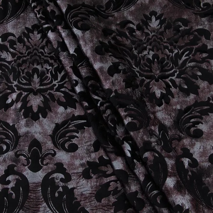 Floral Velour Fabric, Metallic Silver & Black