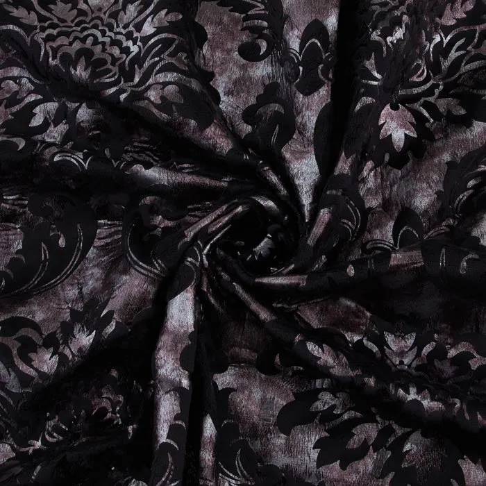 Floral Velour Fabric, Metallic Silver & Black