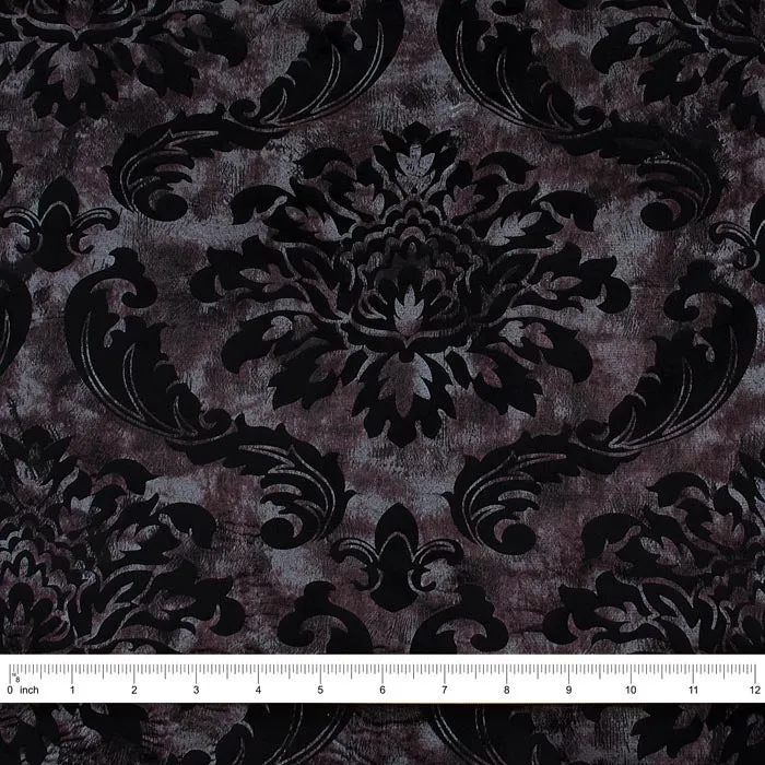 Floral Velour Fabric, Metallic Silver & Black