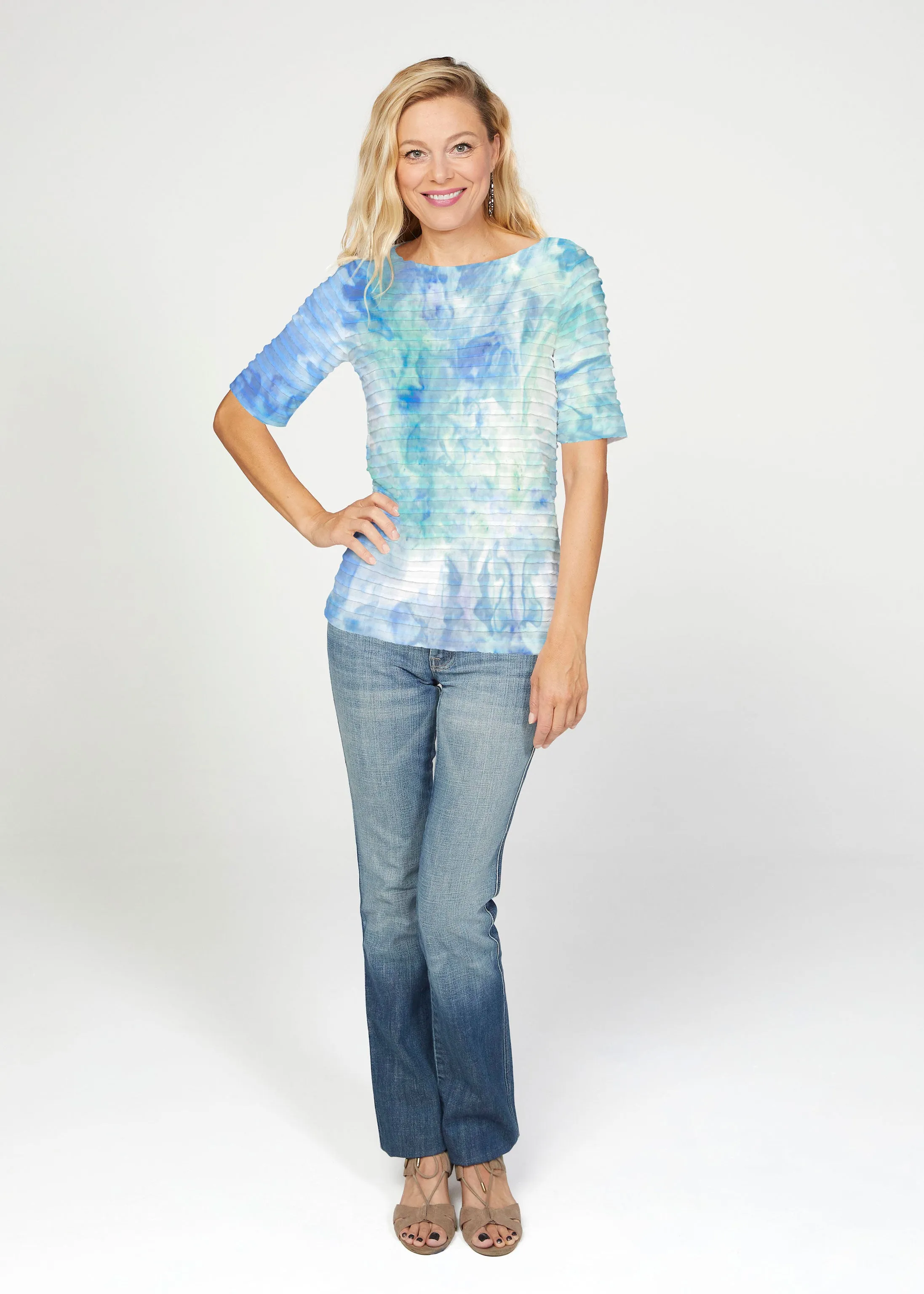 Francesca (16249) ~ Banded Elbow Sleeve Boat Neck Top