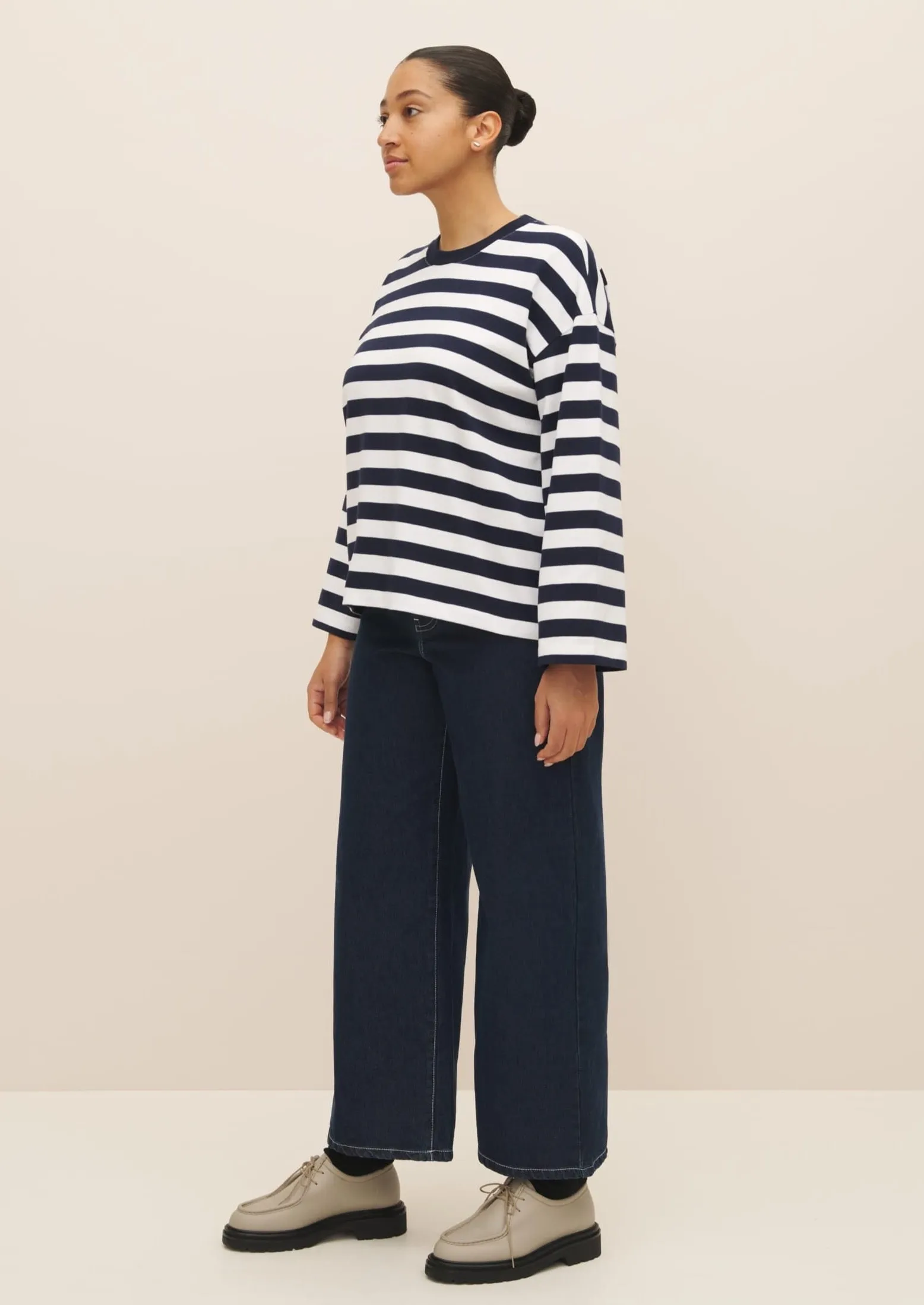 Heavy Boxy Long Sleeve Top, Navy/White Stripe