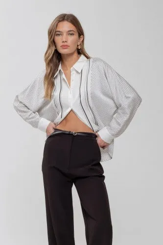 Ivory Asymmetrical Stripe Button Down Blouse