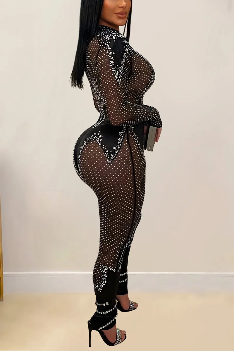 JM0477 Rhinestones Mesh Jumpsuits