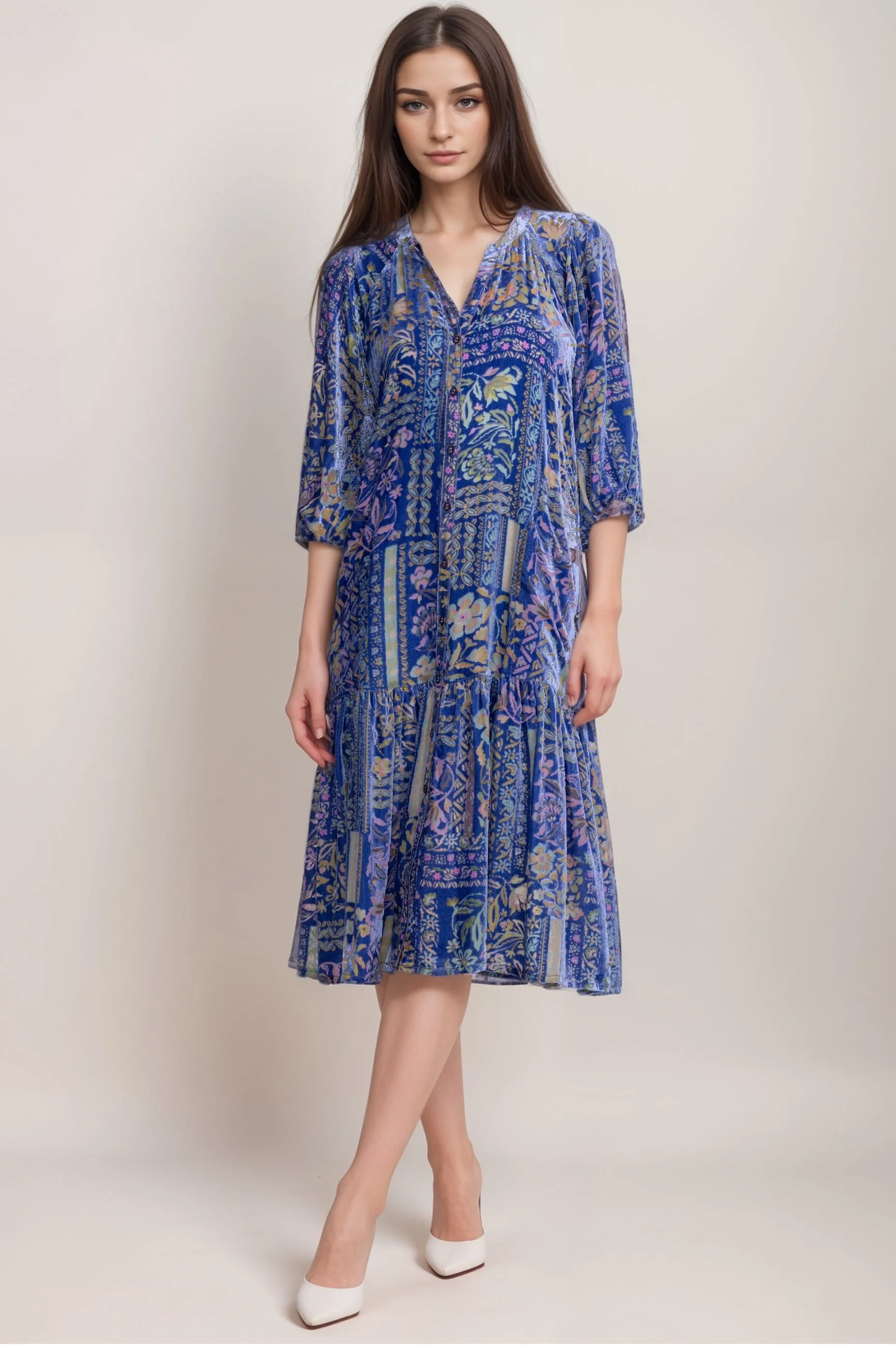 Johnny Was Blue Petite Size Yoka Burnout Midi Dress C34524A7