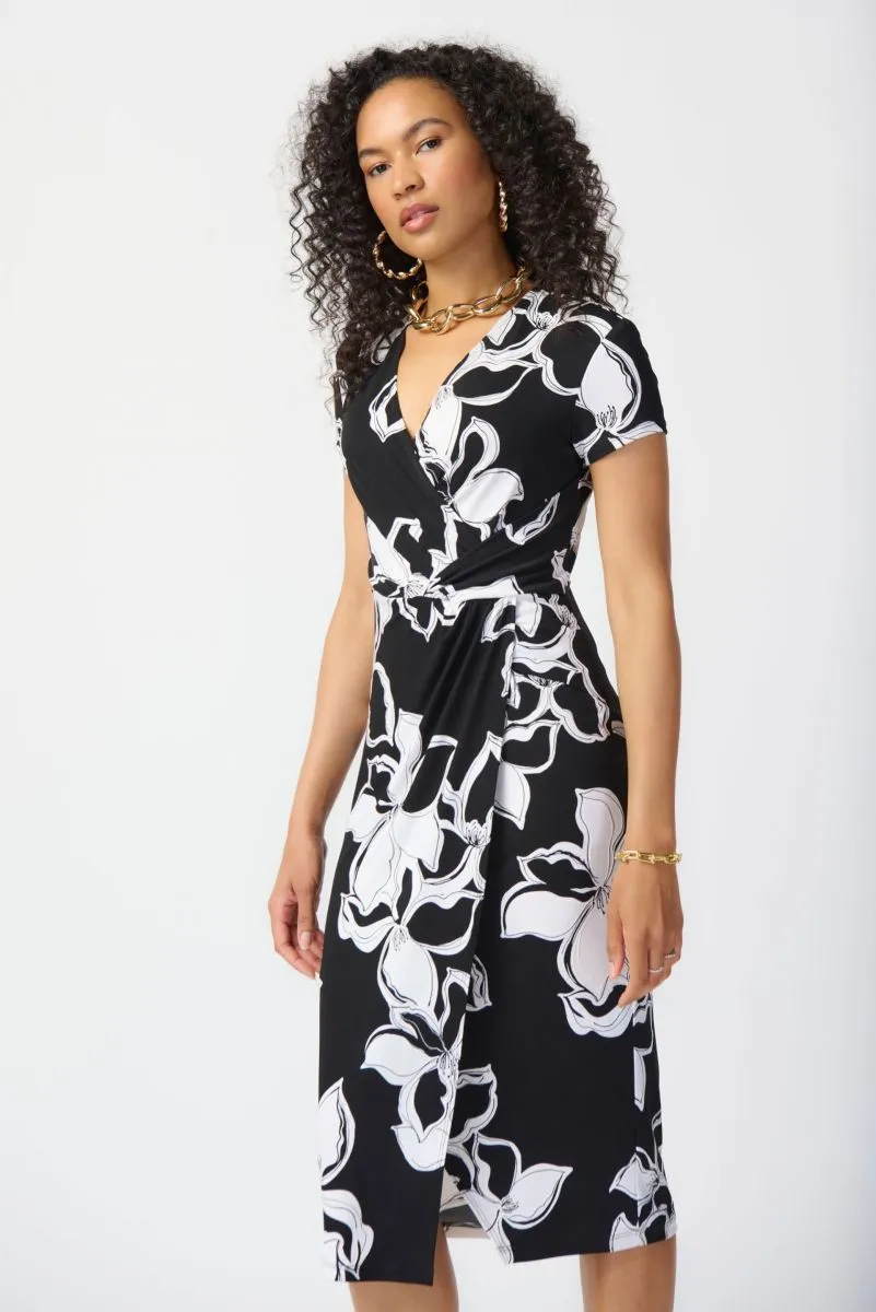 Joseph Ribkoff Black/Vanilla Floral Print Short Sleeve Faux Wrap Sheath Dress 241050