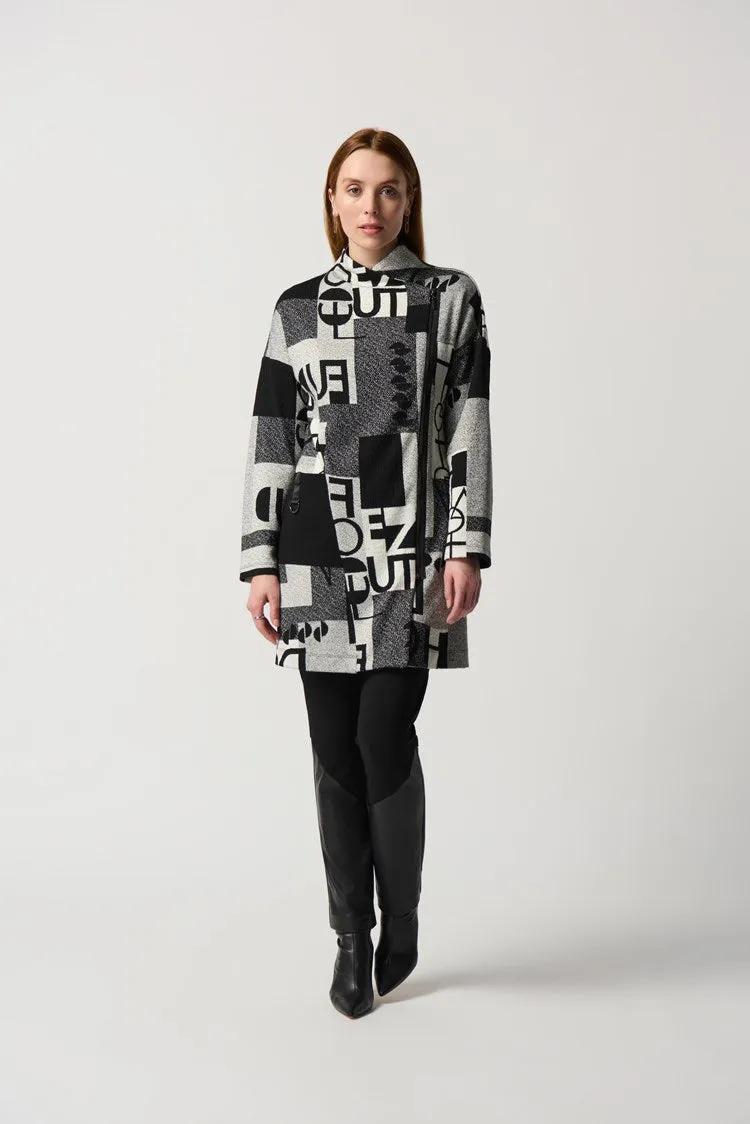 Joseph Ribkoff Wording Print Jacquard Knit Coat With Stand Collar