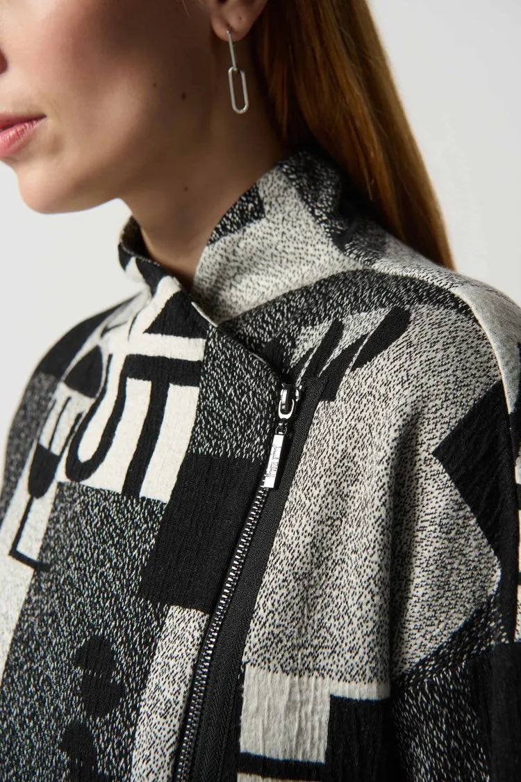 Joseph Ribkoff Wording Print Jacquard Knit Coat With Stand Collar