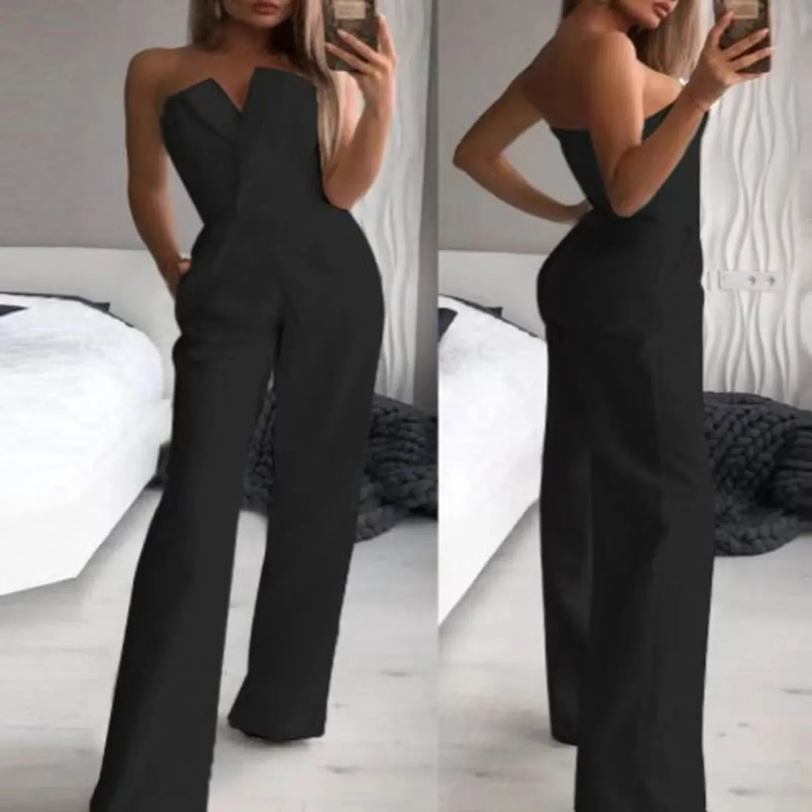 Jumpsuit For Womens Solid Tube Top Sleeveless Rompers Cold Shoulder Pocket Pants Sets Ladies Personality Outdoor Office Fit Pant