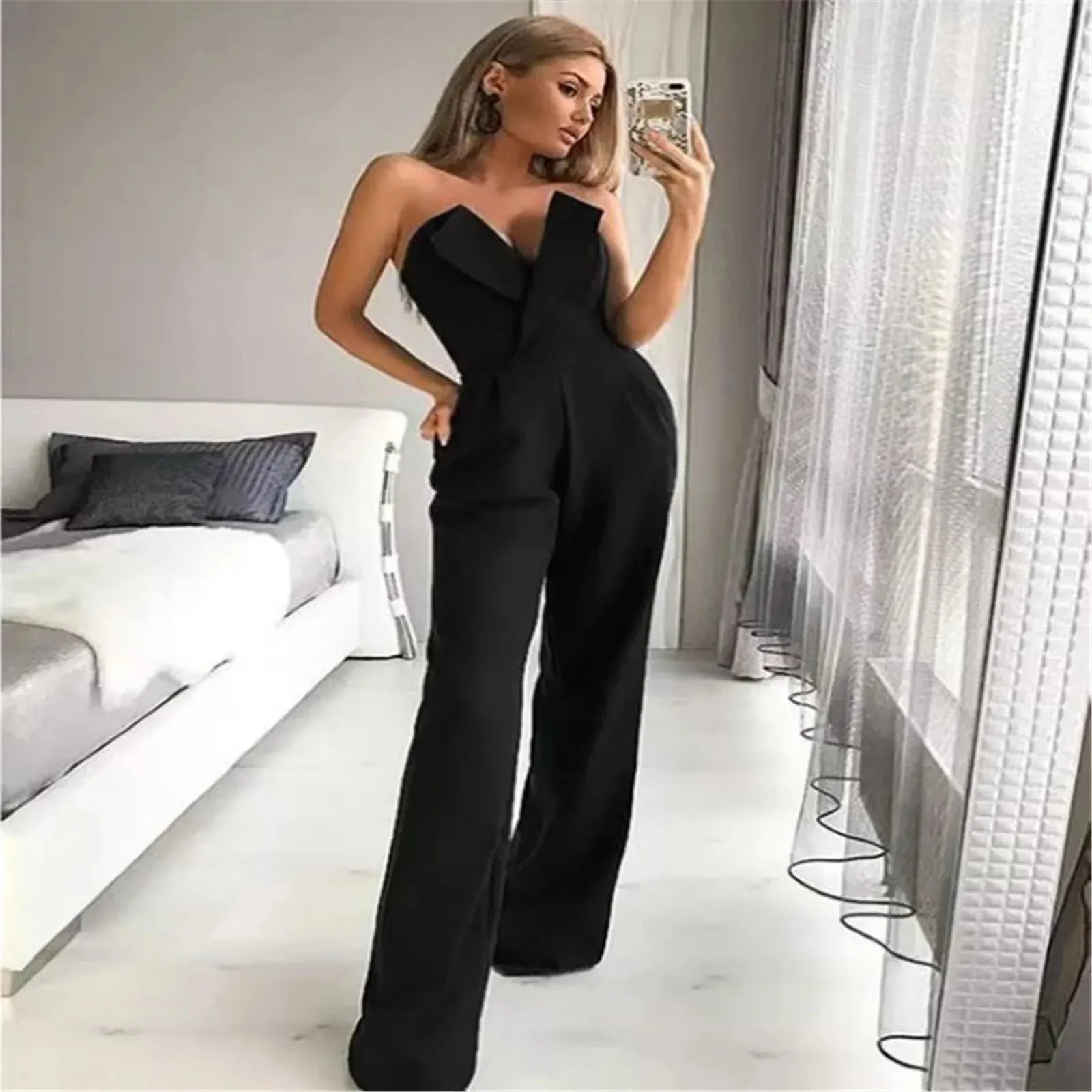 Jumpsuit For Womens Solid Tube Top Sleeveless Rompers Cold Shoulder Pocket Pants Sets Ladies Personality Outdoor Office Fit Pant