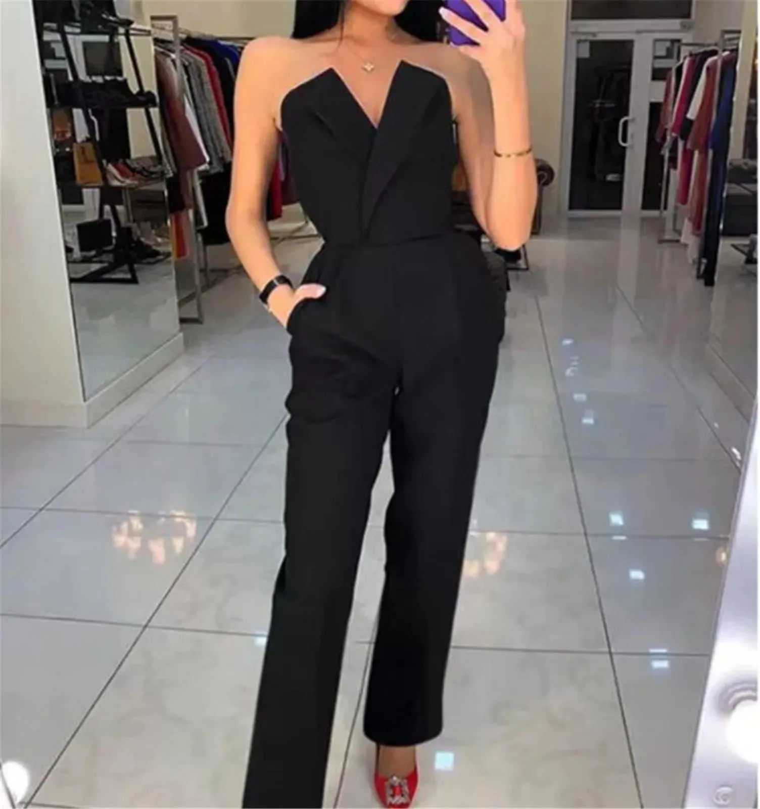 Jumpsuit For Womens Solid Tube Top Sleeveless Rompers Cold Shoulder Pocket Pants Sets Ladies Personality Outdoor Office Fit Pant