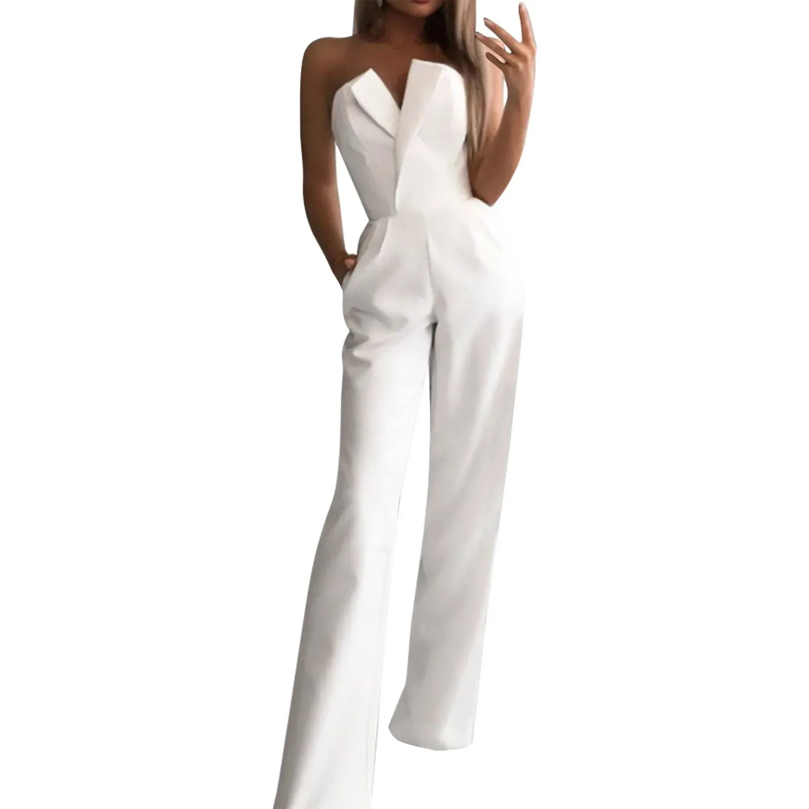 Jumpsuit For Womens Solid Tube Top Sleeveless Rompers Cold Shoulder Pocket Pants Sets Ladies Personality Outdoor Office Fit Pant