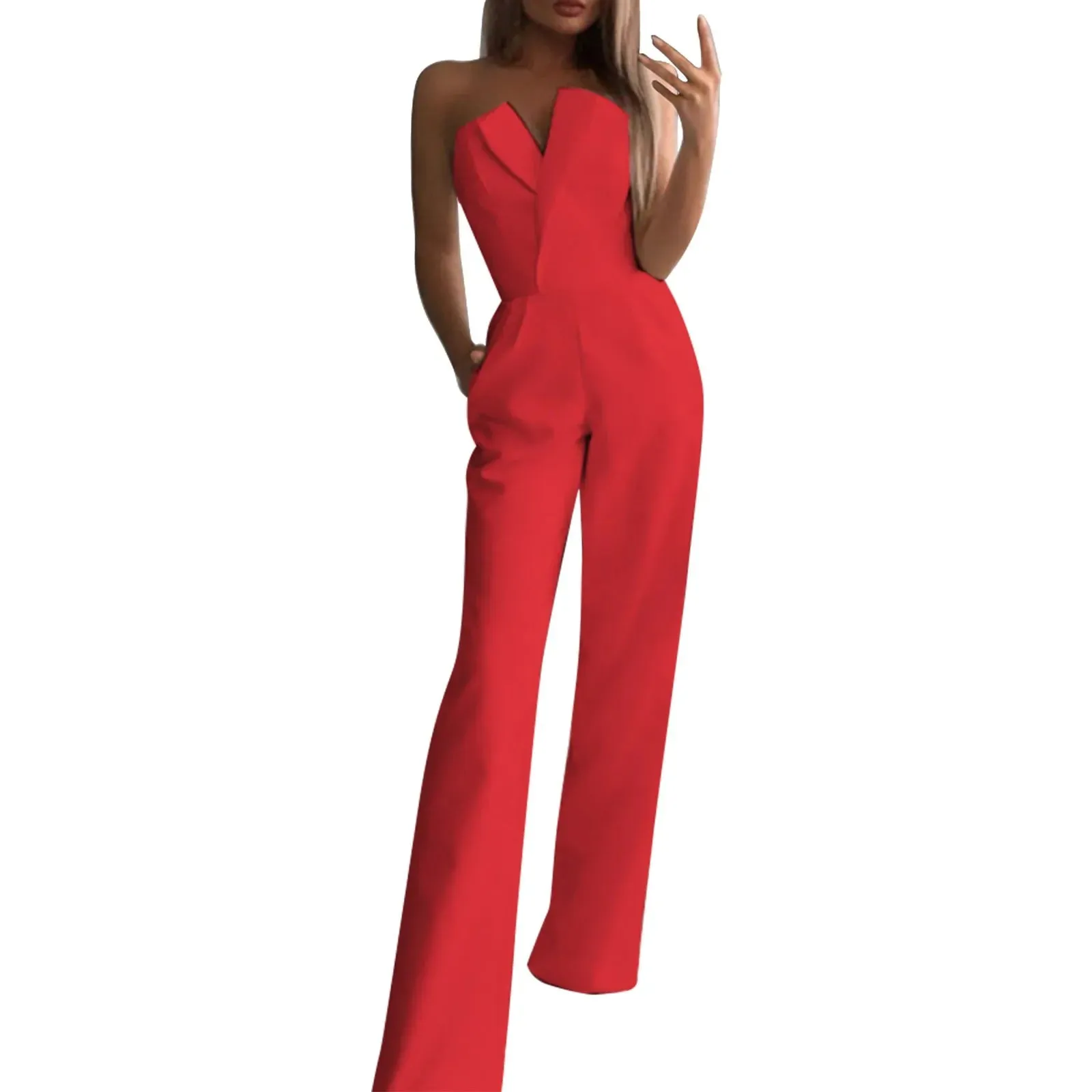 Jumpsuit For Womens Solid Tube Top Sleeveless Rompers Cold Shoulder Pocket Pants Sets Ladies Personality Outdoor Office Fit Pant