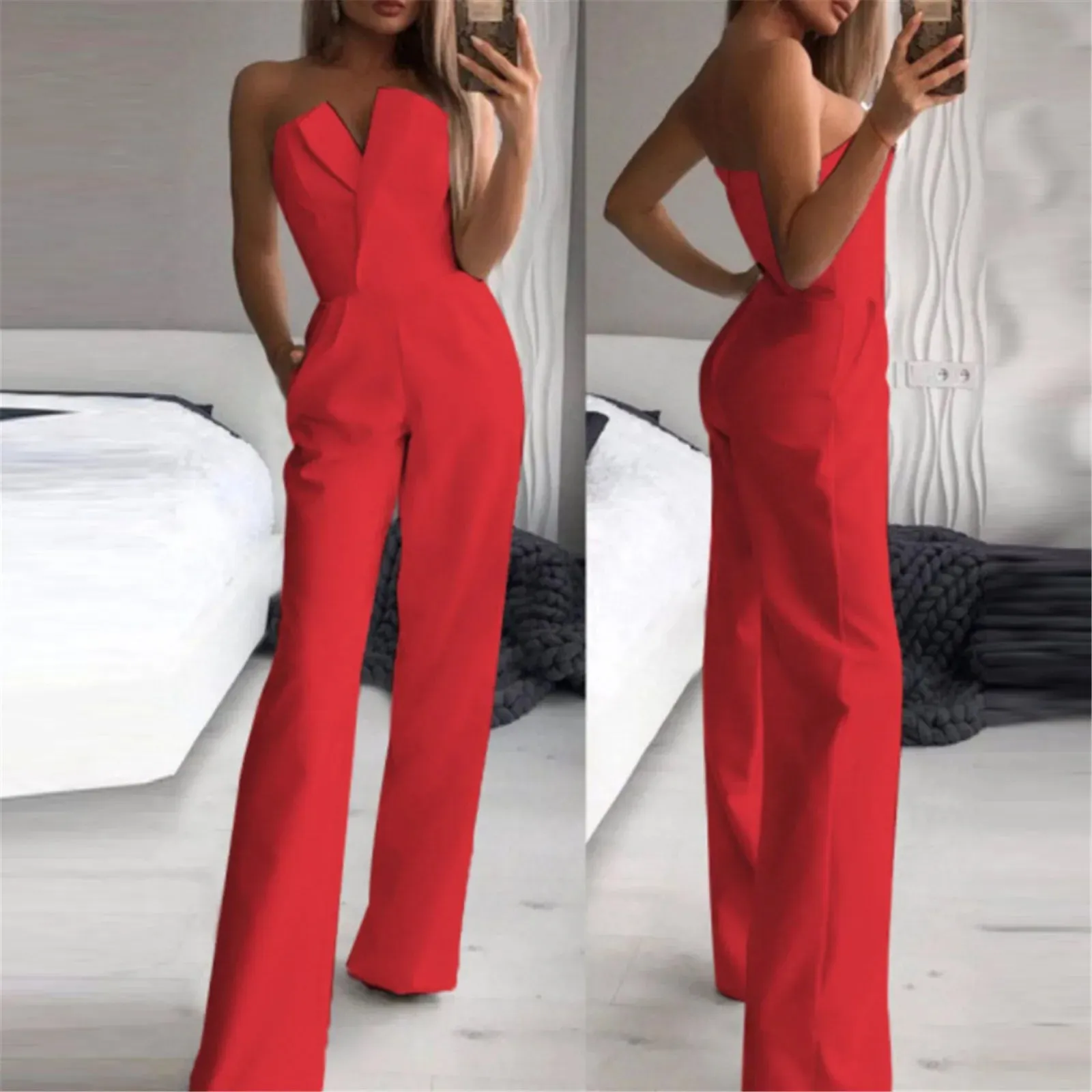 Jumpsuit For Womens Solid Tube Top Sleeveless Rompers Cold Shoulder Pocket Pants Sets Ladies Personality Outdoor Office Fit Pant