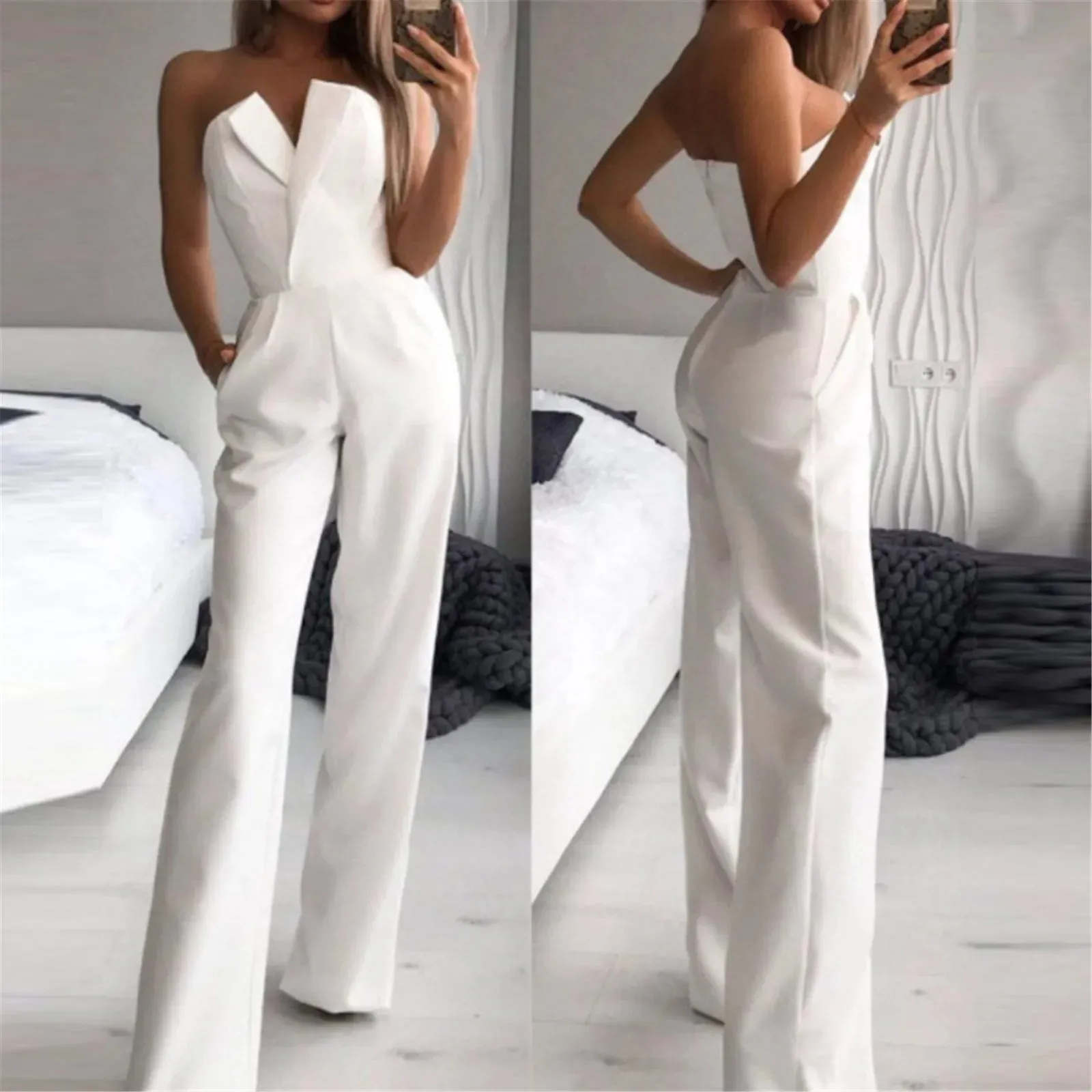 Jumpsuit For Womens Solid Tube Top Sleeveless Rompers Cold Shoulder Pocket Pants Sets Ladies Personality Outdoor Office Fit Pant