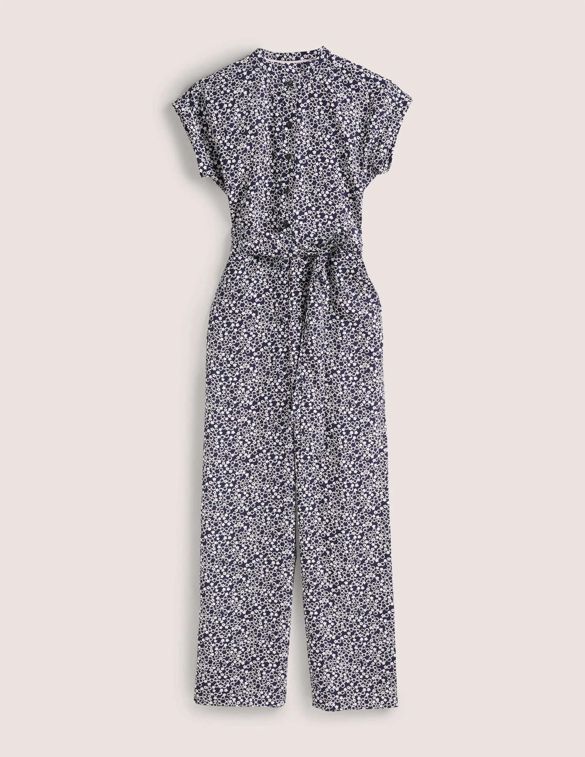 Jumpsuit mit Bindegürtel-Navy, Blumenmuster