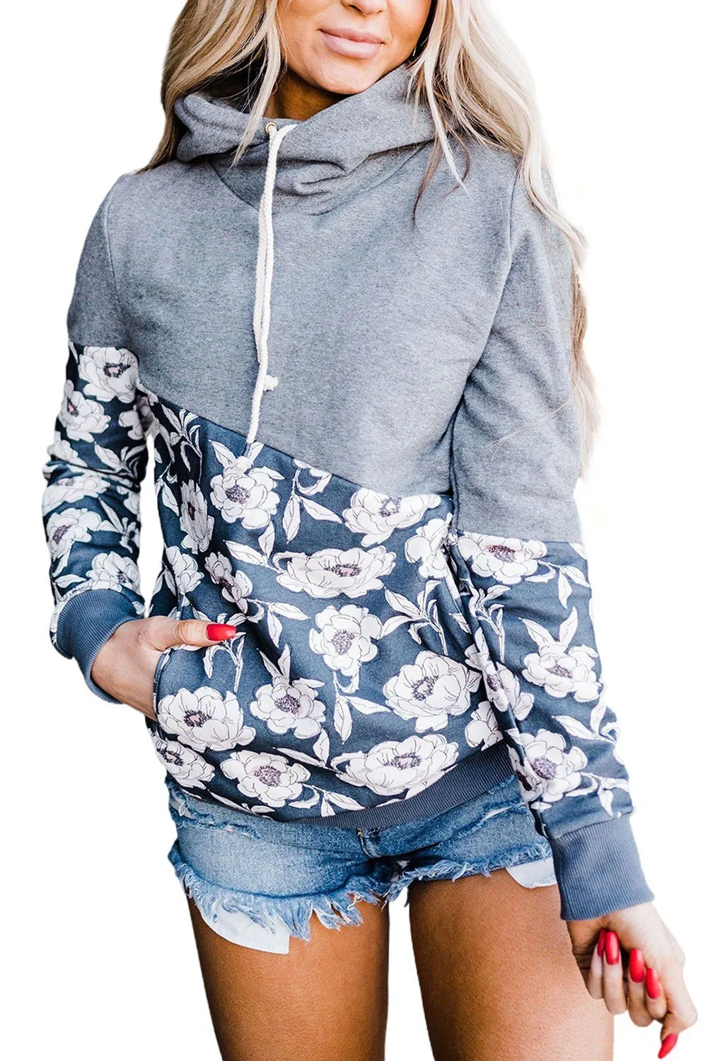 KaleaBoutique Beautiful Floral Splicing Cowl Neck Hoodie