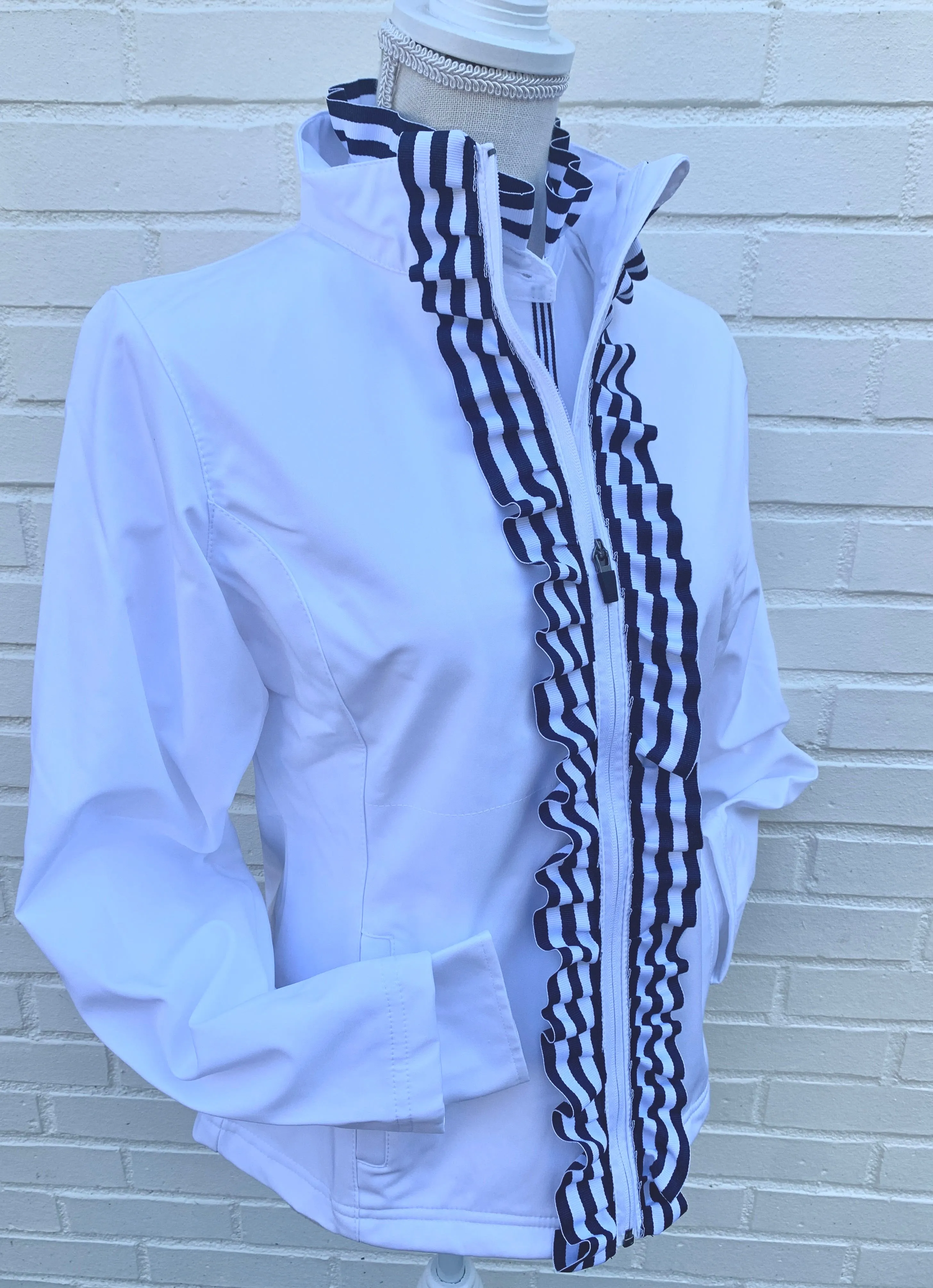Kate Ruffled Ribbon Collar - White w Navy & White Stripe Ribbon (KT03)