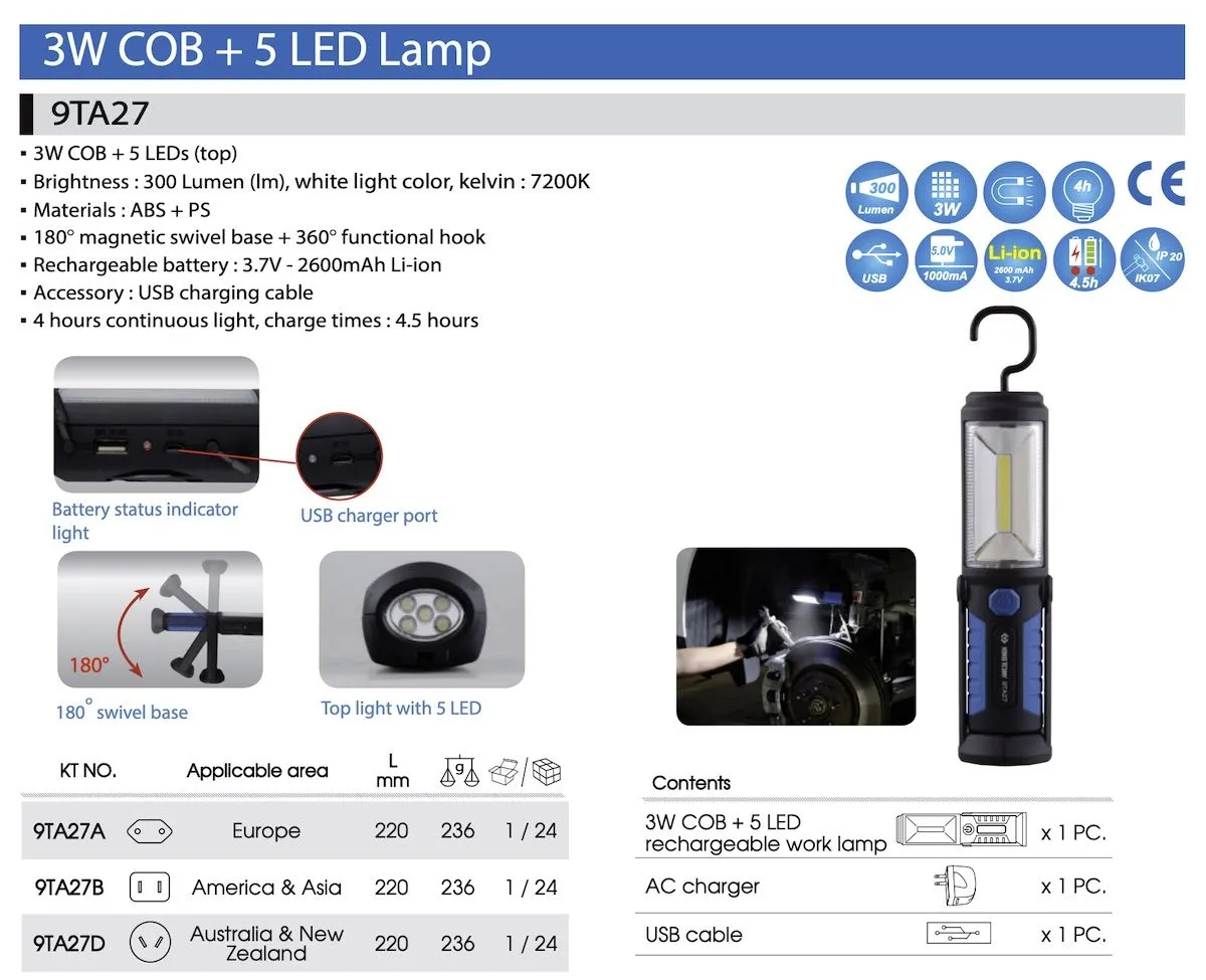 King Tony 9TA27 LED Work Lamp/ Rechargeable Working Light with Magnetic Base/ 3W COB   5 LED Lamp