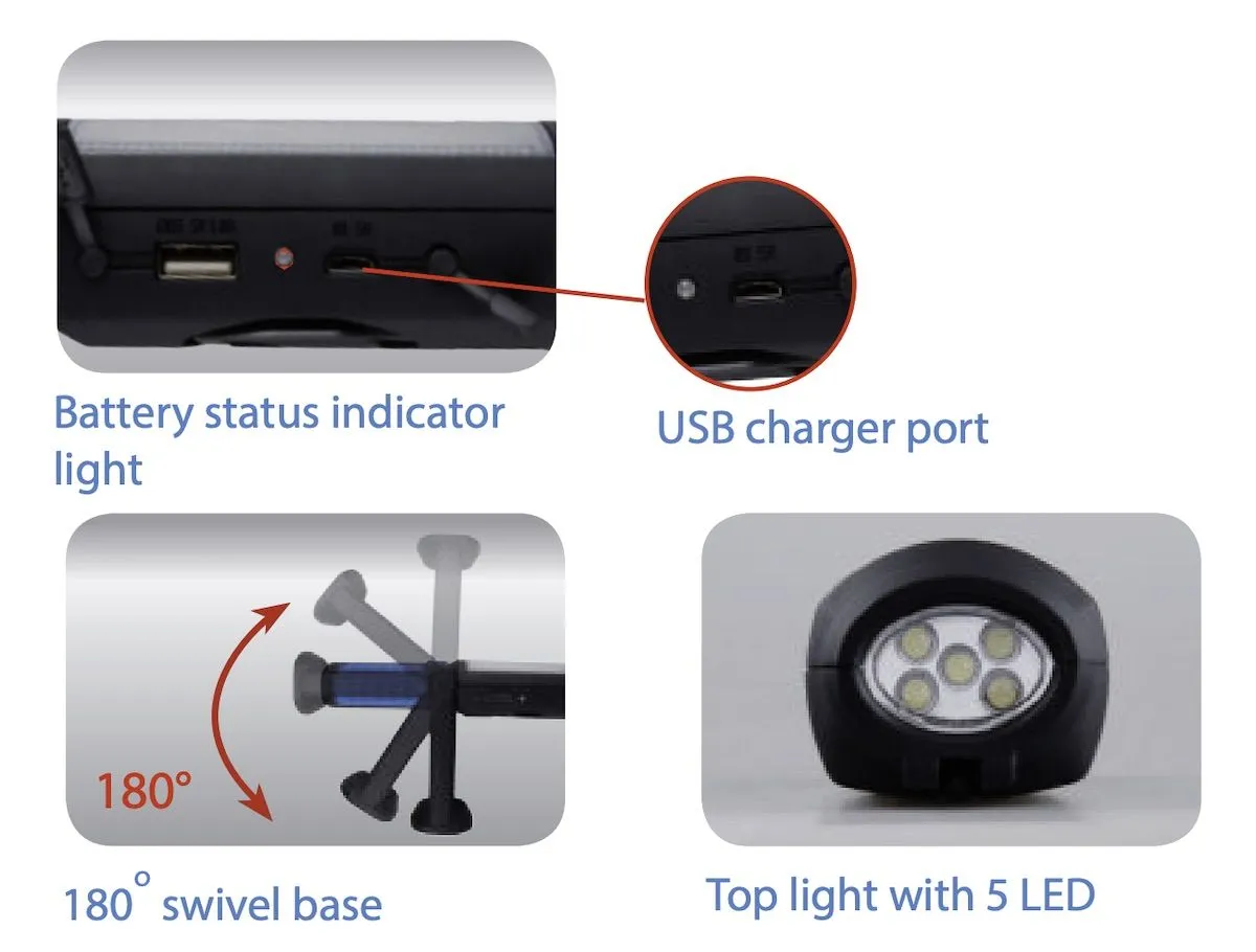 King Tony 9TA27 LED Work Lamp/ Rechargeable Working Light with Magnetic Base/ 3W COB   5 LED Lamp