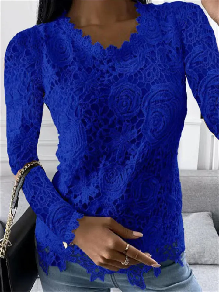 Ladies Elegant Lace Rose Pattern Long Sleeve Pullover Tops