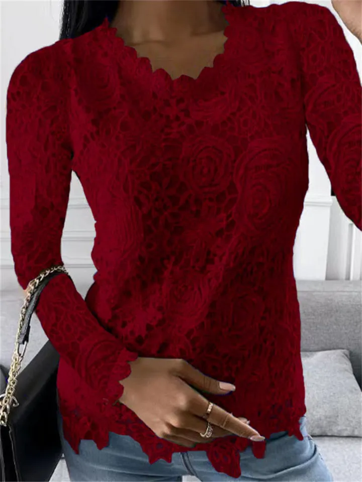 Ladies Elegant Lace Rose Pattern Long Sleeve Pullover Tops