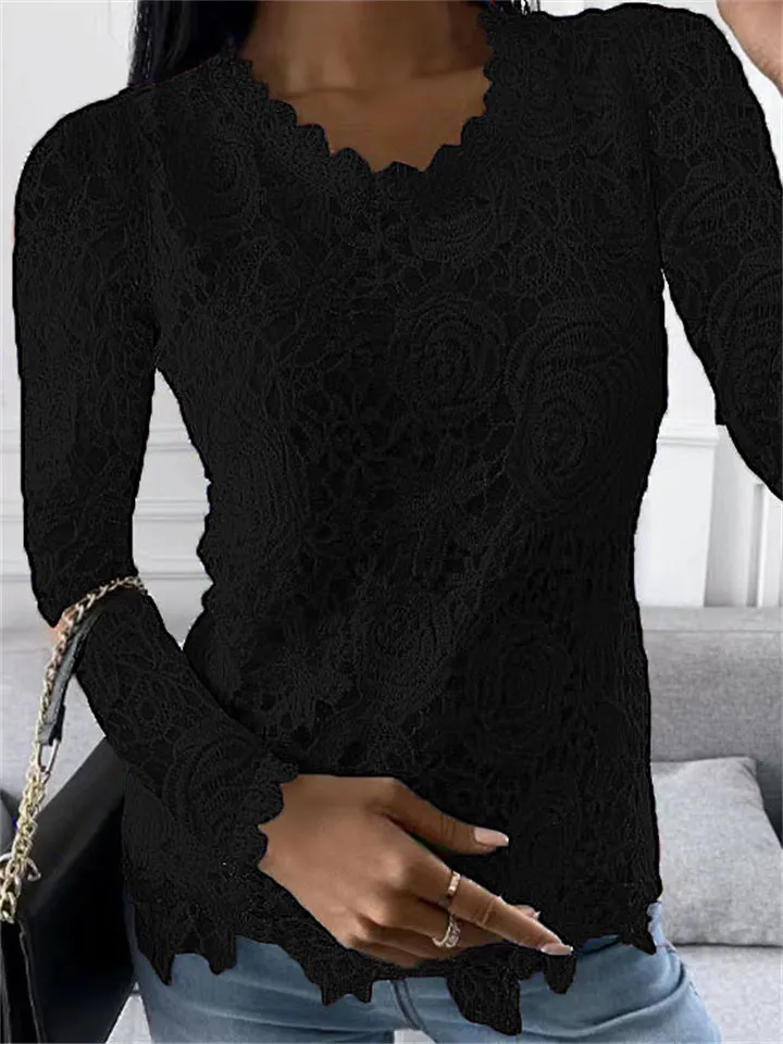 Ladies Elegant Lace Rose Pattern Long Sleeve Pullover Tops