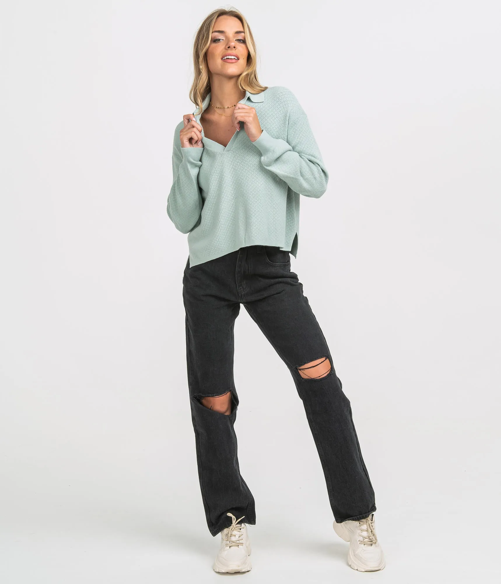 LADIES SOUTHERN SHIRT KNIT POLO SWEATER - MOON MIST