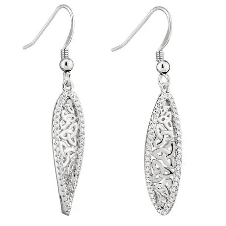 Ladies Sterling Silver Crystal Trinity Knot Twisted Drop Earrings
