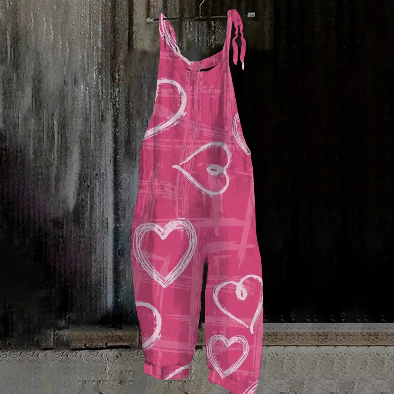 Ladies Valentine'S Day Printed Jumpsuit Retro Casual Heart Print Pink Suspender Overalls Women Loose Jumpsuits Ropa De Mujer