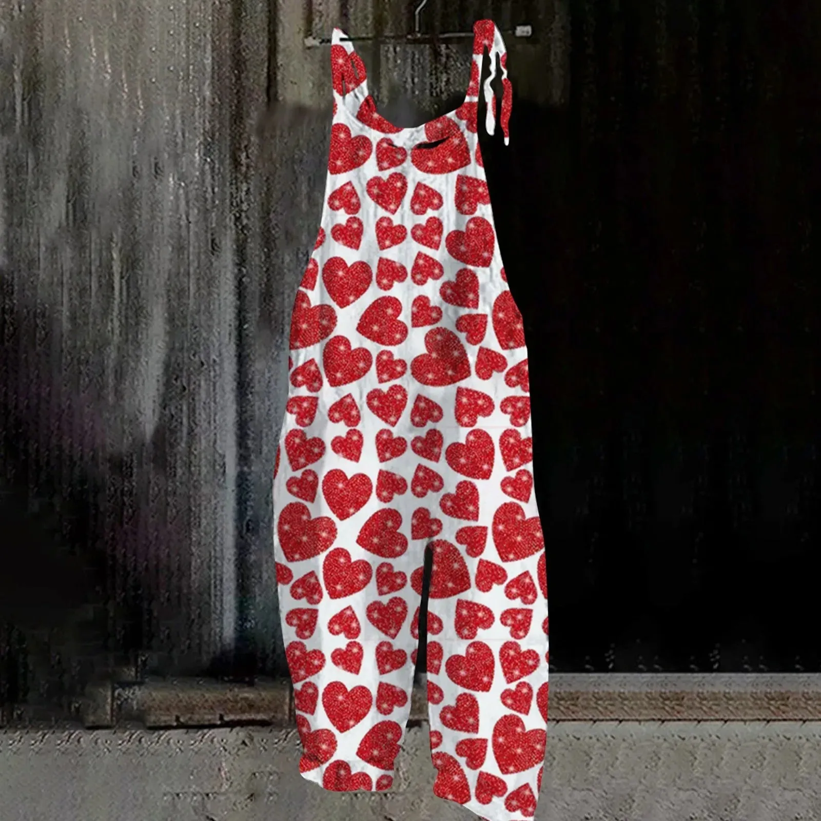 Ladies Valentine'S Day Printed Jumpsuit Retro Casual Heart Print Pink Suspender Overalls Women Loose Jumpsuits Ropa De Mujer