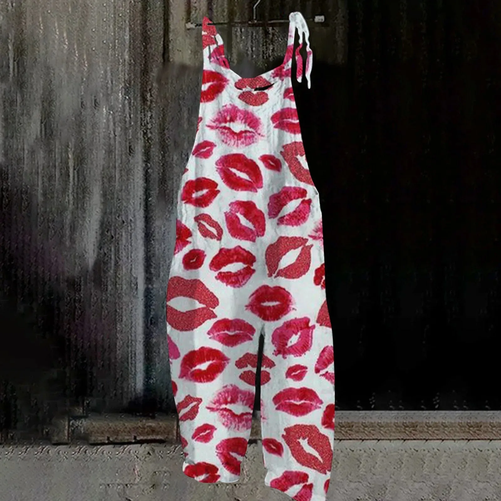 Ladies Valentine'S Day Printed Jumpsuit Retro Casual Heart Print Pink Suspender Overalls Women Loose Jumpsuits Ropa De Mujer