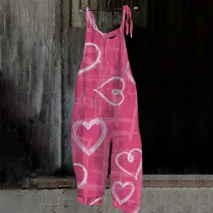 Ladies Valentine'S Day Printed Jumpsuit Retro Casual Heart Print Pink Suspender Overalls Women Loose Jumpsuits Ropa De Mujer